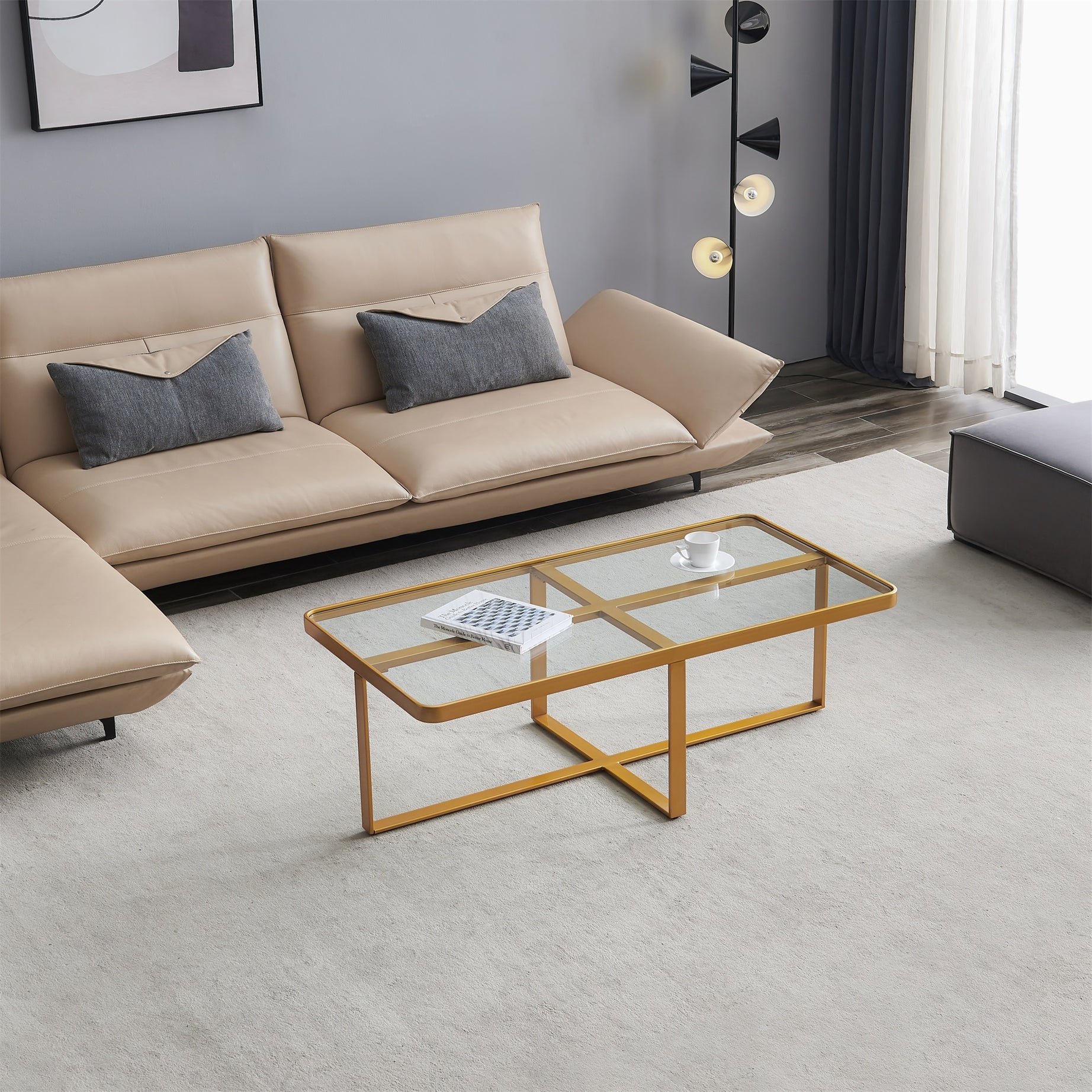 Minimalism rectangle coffee table,Golden metal frame with tempered glass tabletop--1