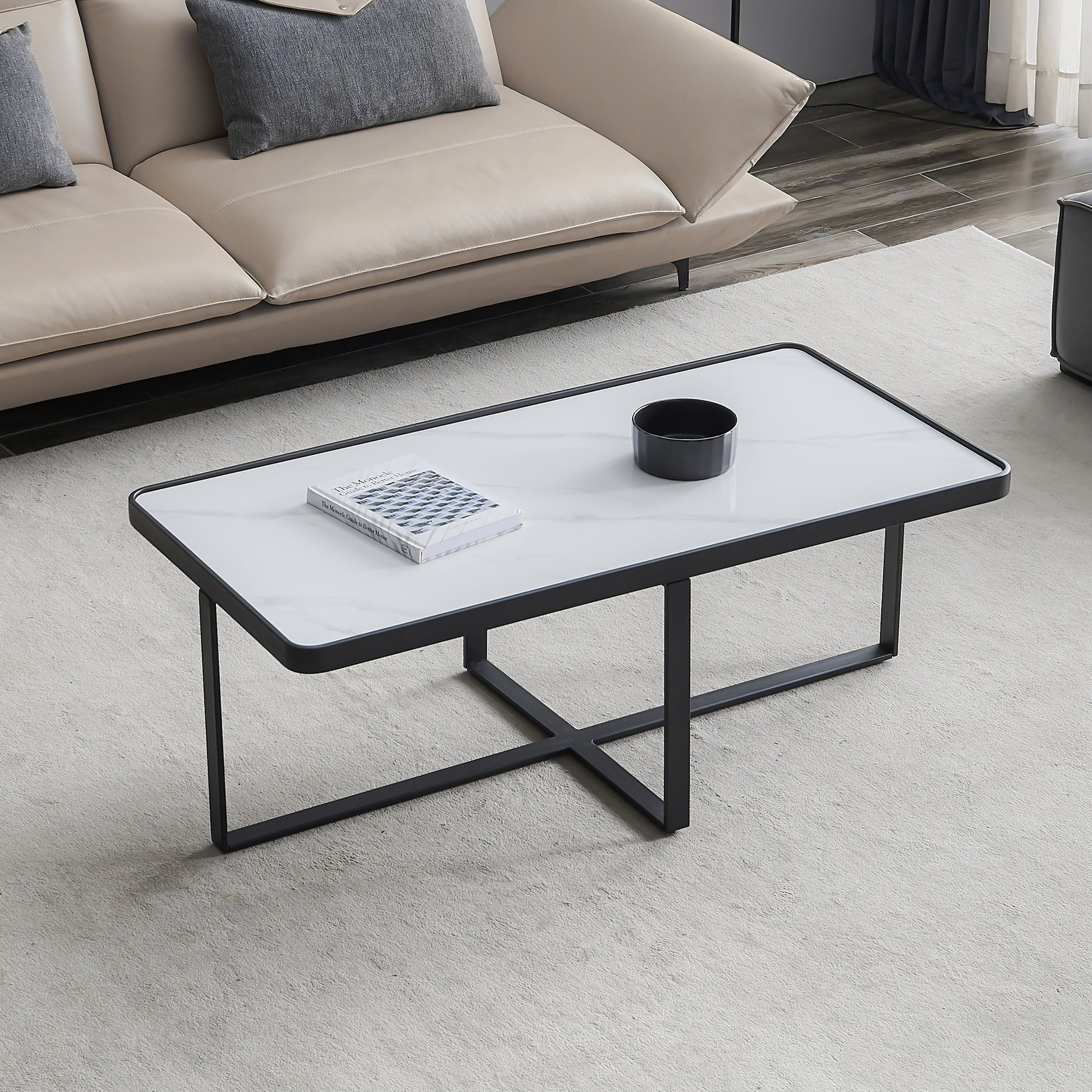 Minimalism rectangle coffee table,Black metal frame with sintered stone tabletop--1