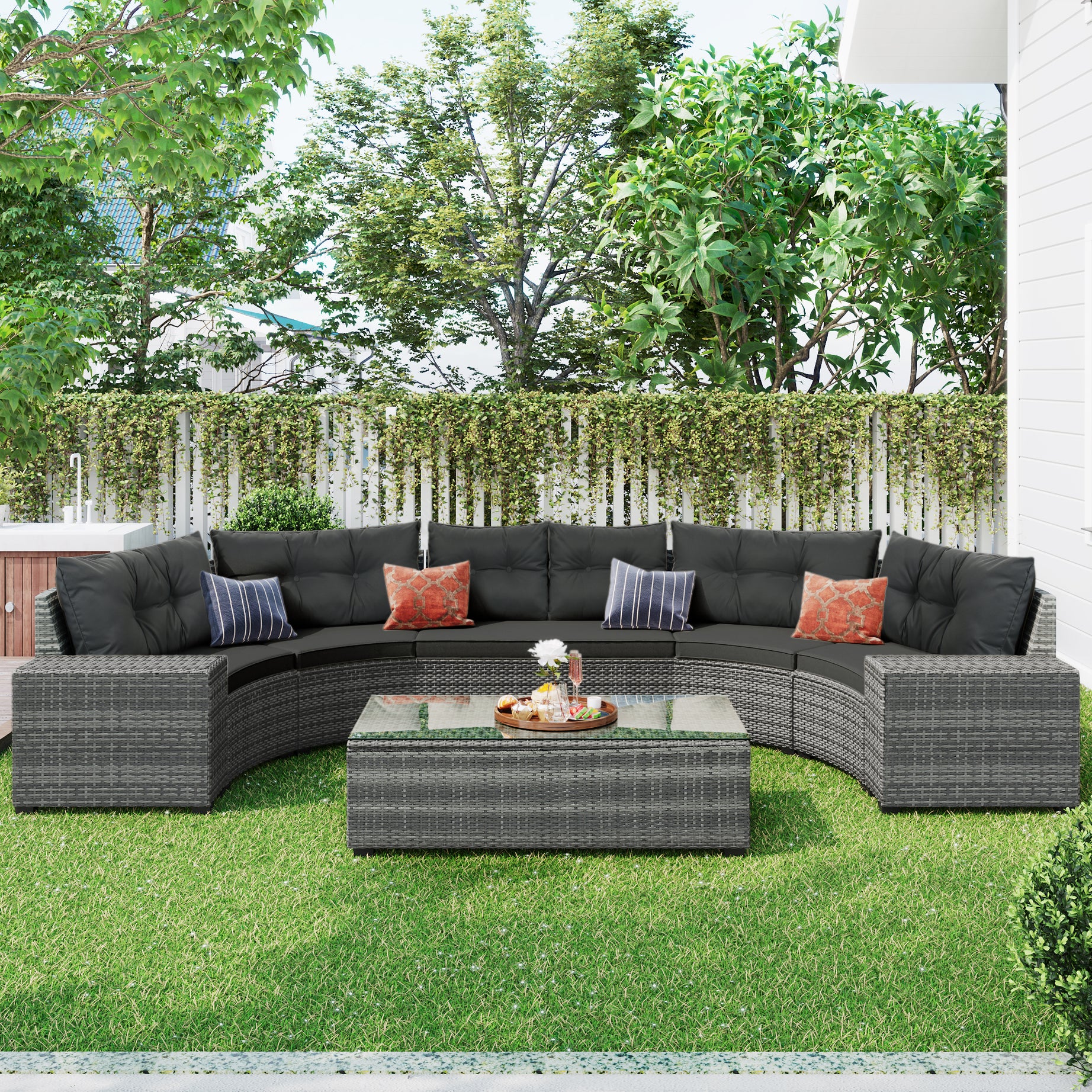 GO 8-pieces Outdoor Wicker Round Sofa Set, Half-Moon Sectional Sets All Weather, Curved Sofa Set With Rectangular Coffee Table, PE Rattan Water-resistant and UV Protected, Movable Cushion, Gray--1