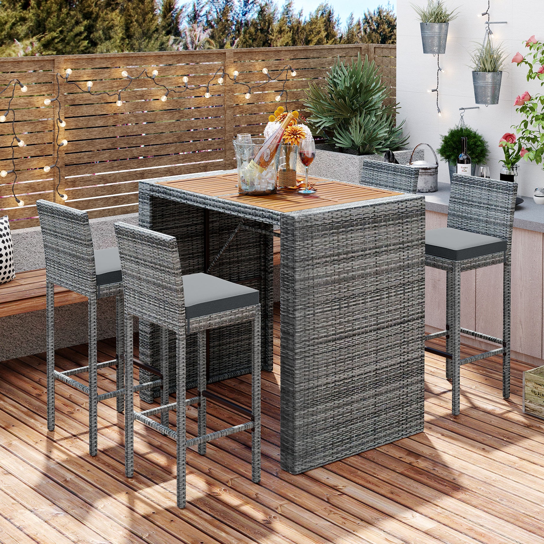 GO 5-pieces Outdoor Patio Wicker Bar Set, Bar Height Chairs With Non-Slip Feet And Fixed Rope, Removable Cushion, Acacia Wood Table Top, Brown Wood And Gray Wicker--1