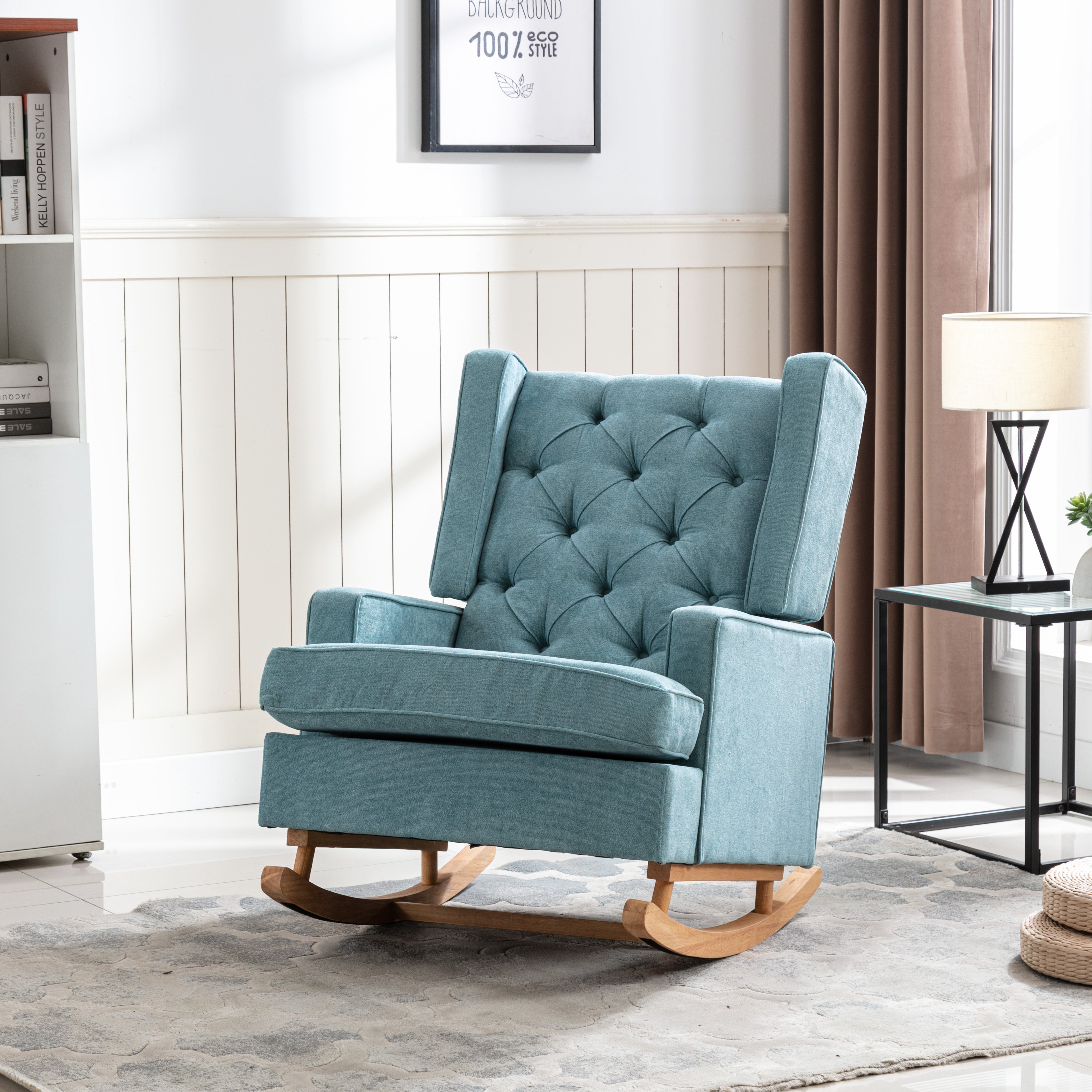 COOLMORE Nursery Rocking Chair Upholstered Mid Century Modern Rocker Oversized Armchair for Living Room with Solid Wood Base (Mint Green)--1