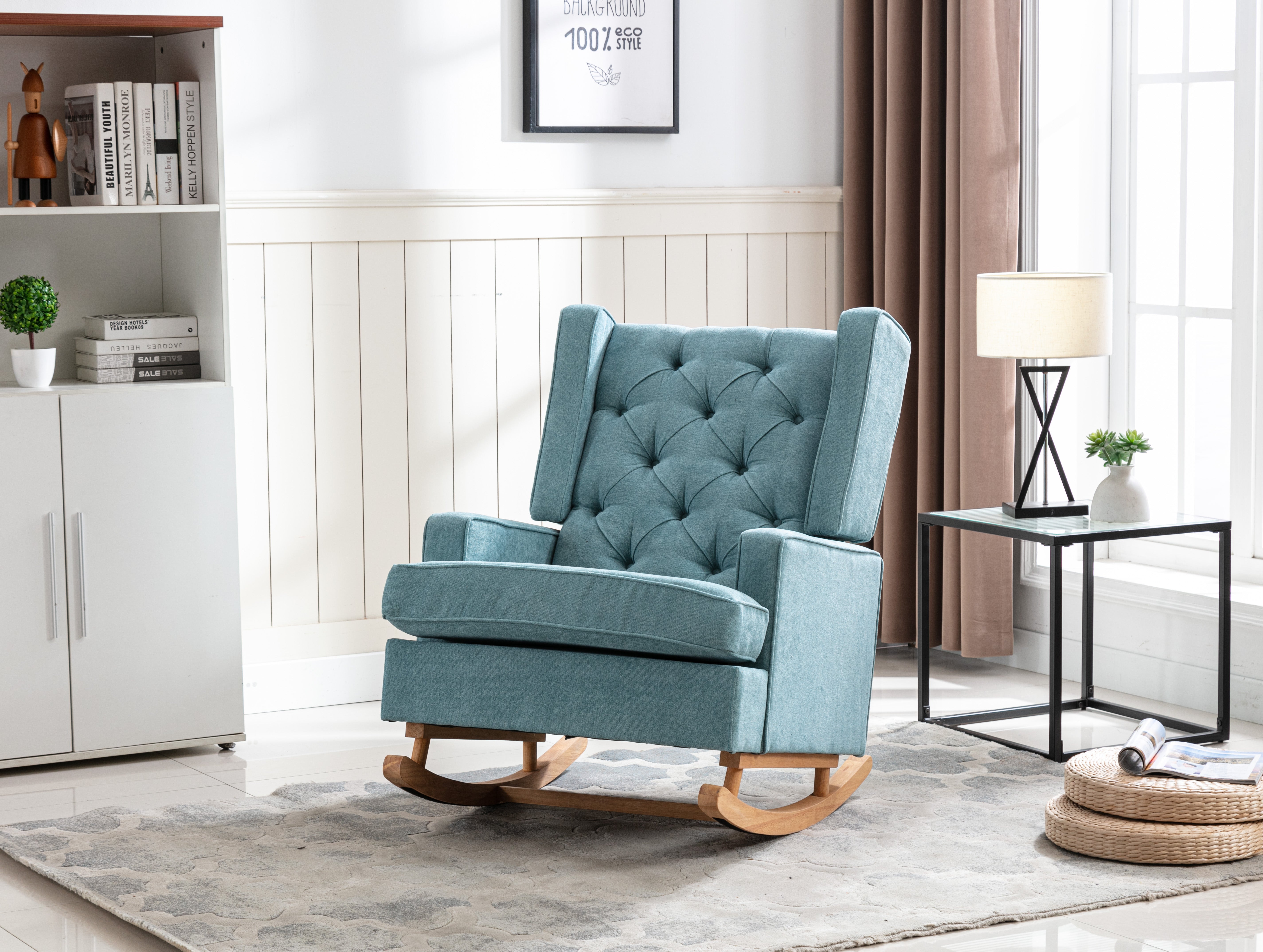 COOLMORE Nursery Rocking Chair Upholstered Mid Century Modern Rocker Oversized Armchair for Living Room with Solid Wood Base (Mint Green)--1