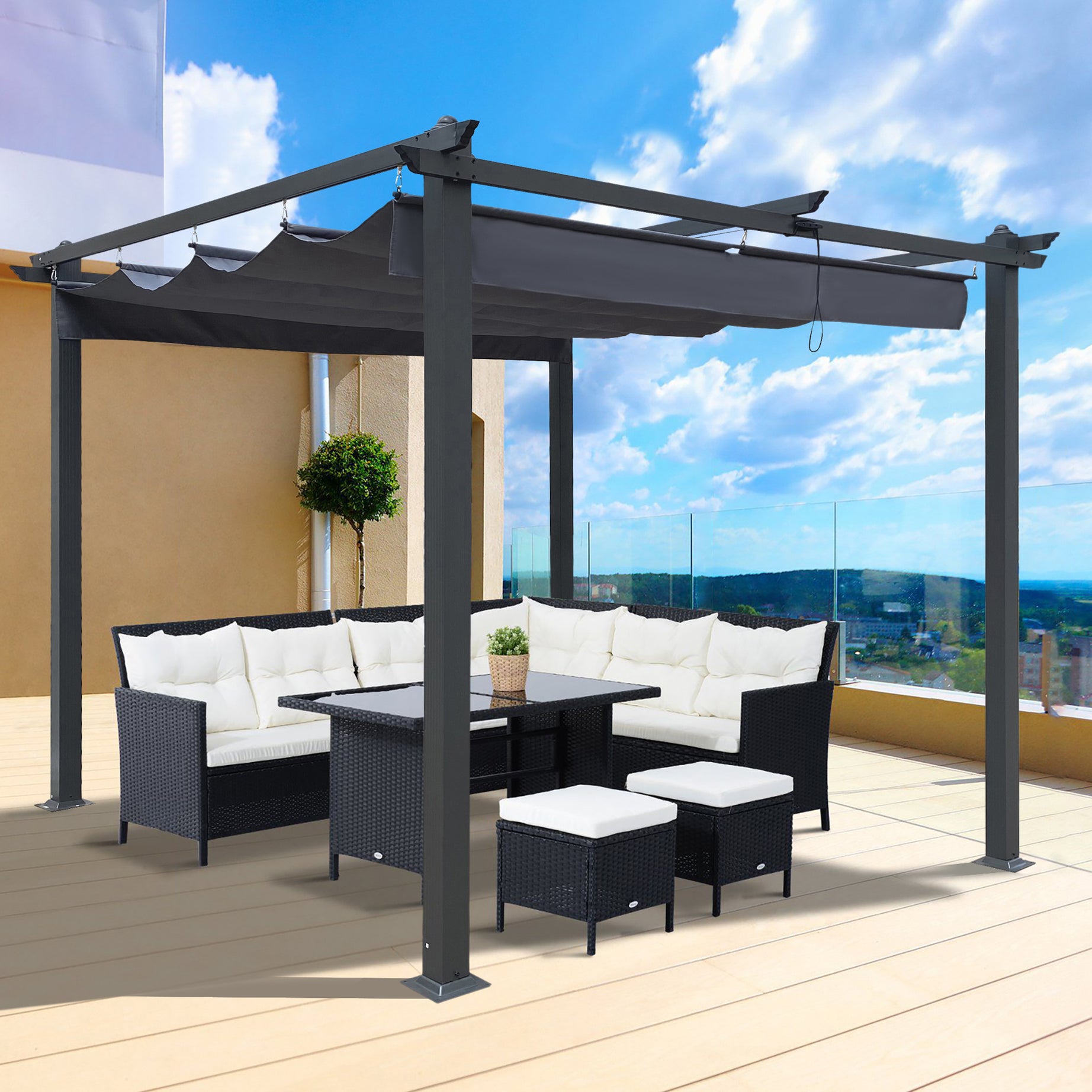 10x10 Ft Outdoor Patio Retractable Pergola With Canopy Sunshelter Pergola for Gardens,Terraces,Backyard,Gray--1