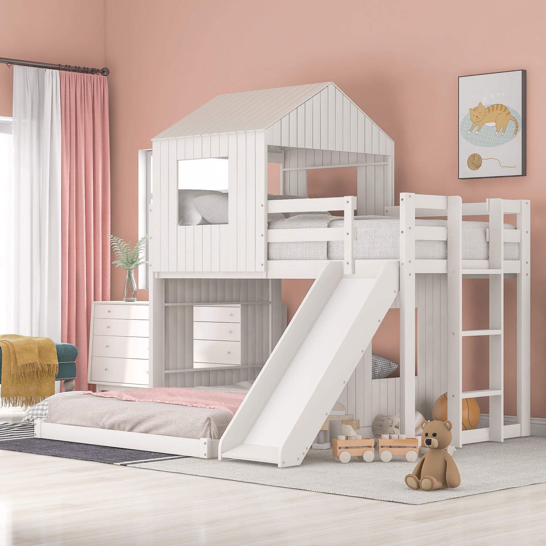 Wooden Twin Over Full Bunk Bed, Loft Bed with Playhouse, Farmhouse, Ladder, Slide and Guardrails, White(OLD SKU :LT000028AAK)--1