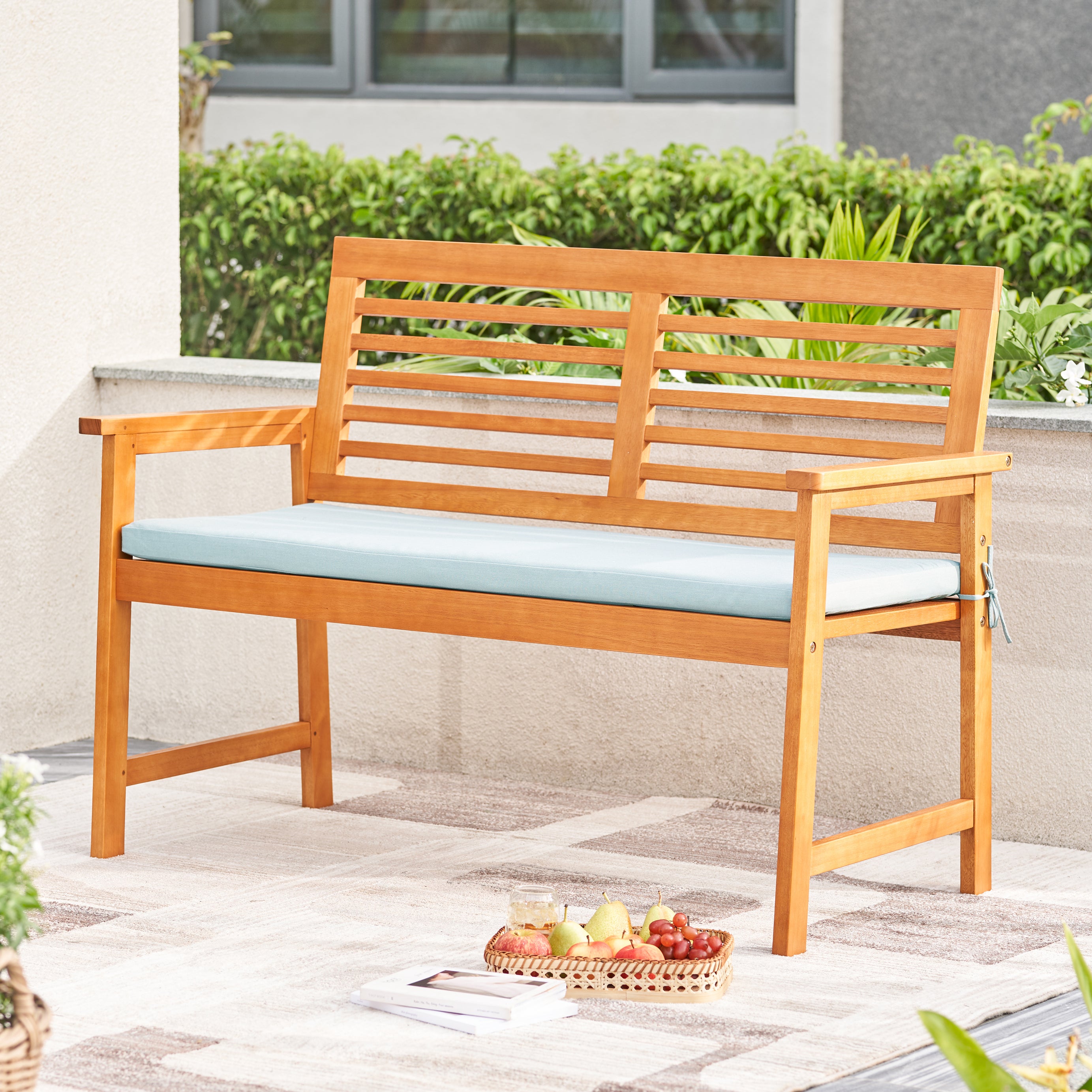 Waimea Honey Slatted Eucalyptus Wood Garden Bench with Cushion--1