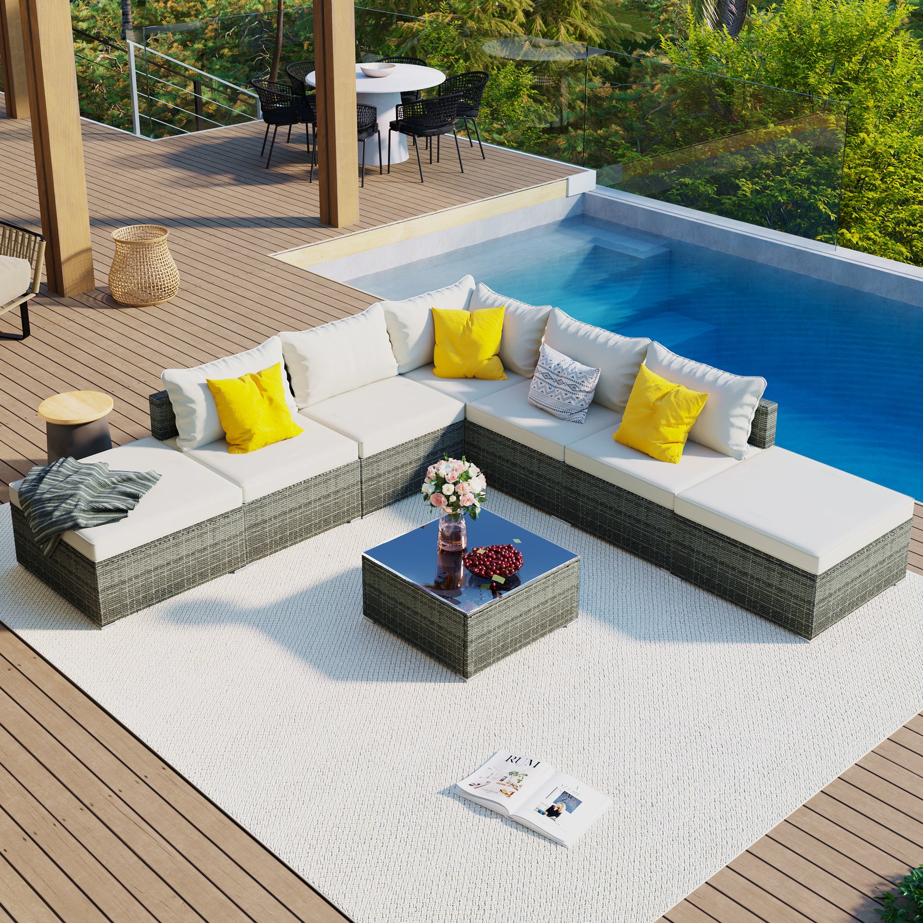 8-Pieces Outdoor Patio Furniture Sets, Garden Conversation Wicker Sofa Set, Single Sofa Combinable, Beige Cushions Gray Wicker--1