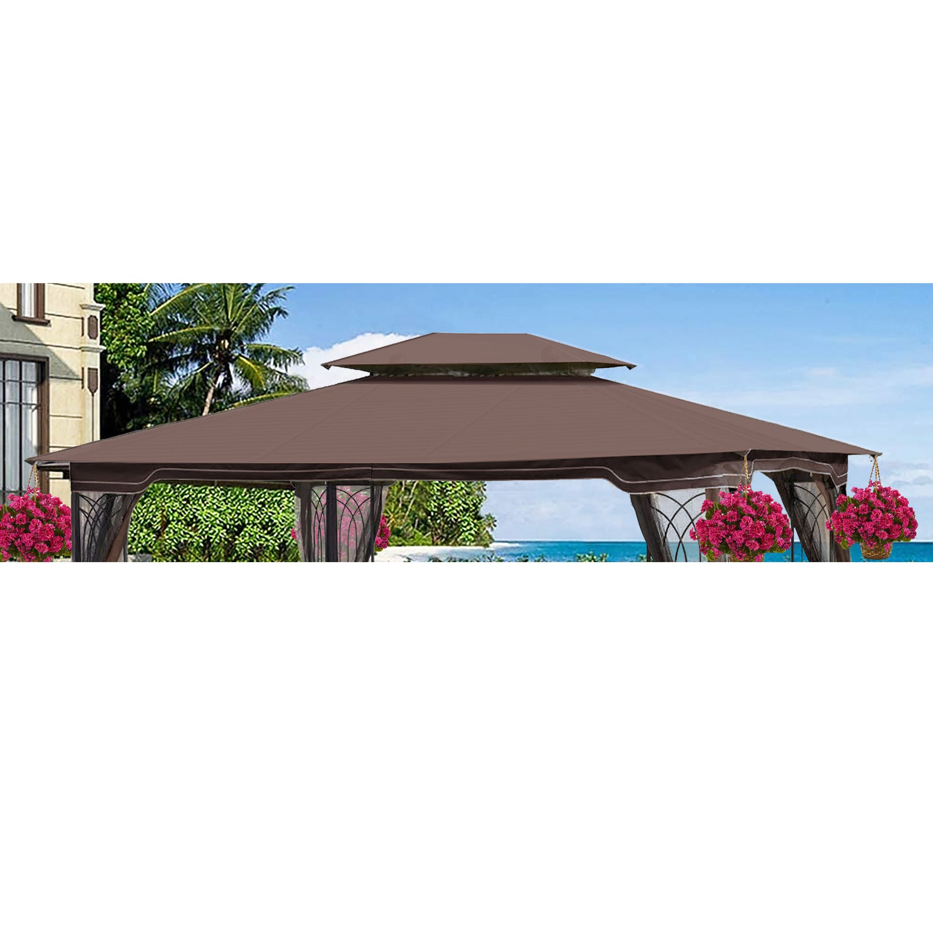 13x10 Ft Patio Double Roof Gazebo Replacement Canopy Top Fabric,Brown--1