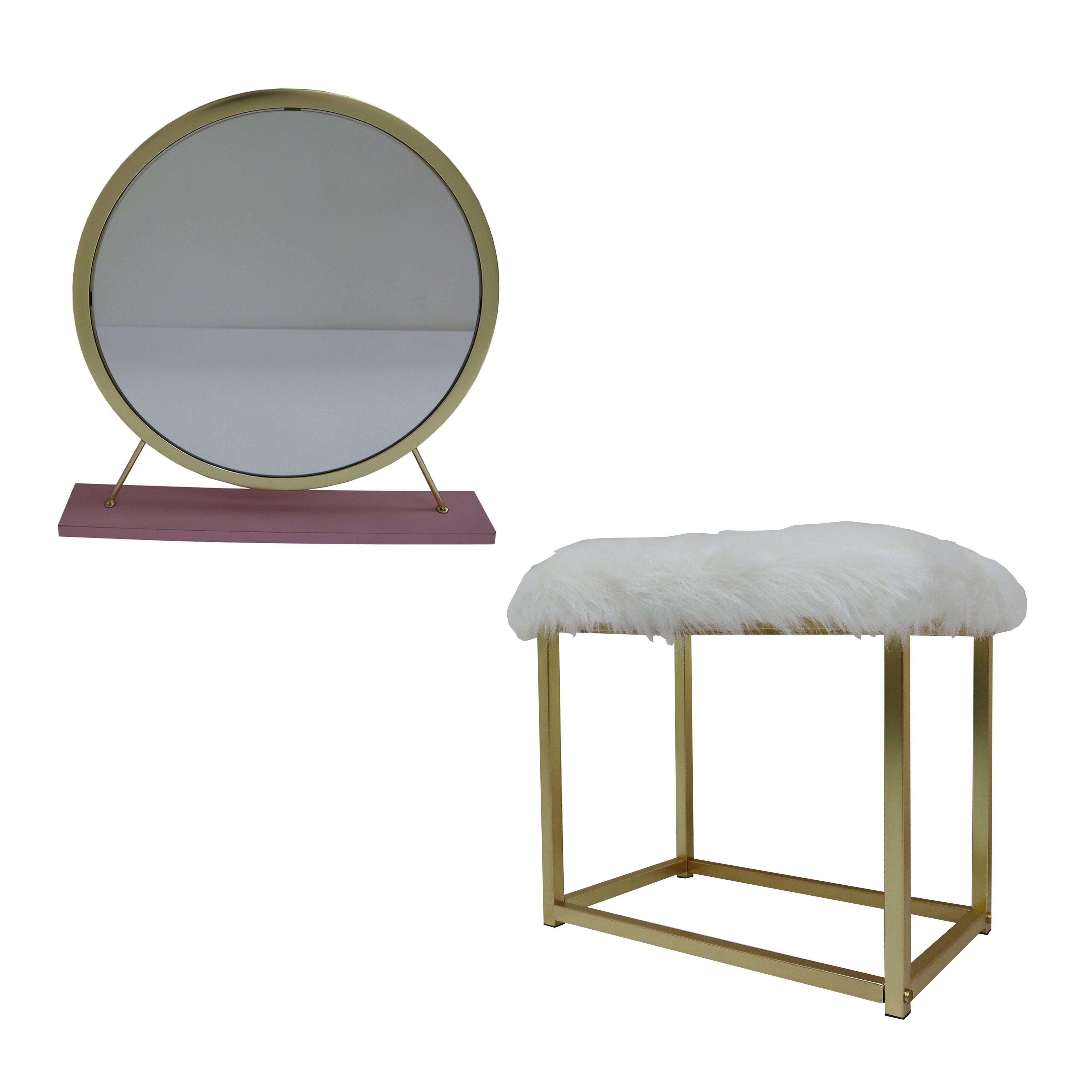 ACME Adao Vanity Mirror & Stool, Faux Fur, Mirror, Pink & Gold Finish AC00934--1