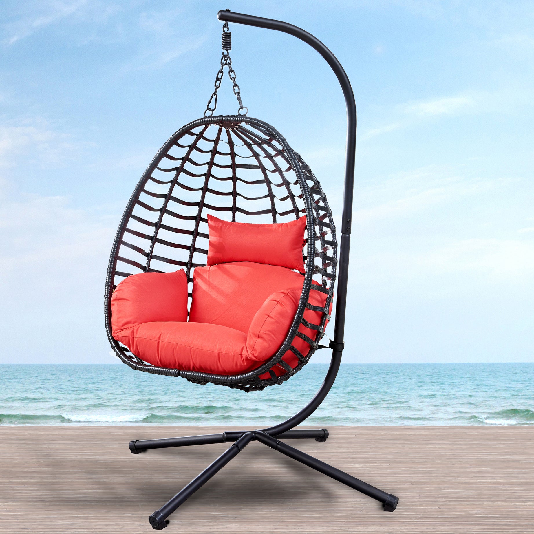 Outdoor Rattan Hanging Oval Egg Chair in Stock, 37"Lx35"Dx78"H (Red)--1