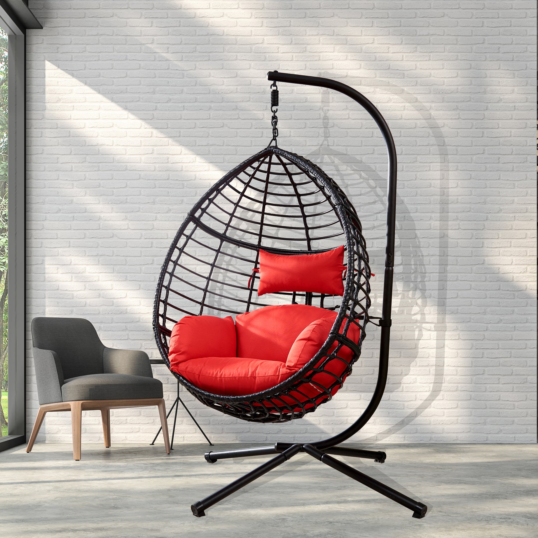 Swing Egg Chair With Stand, High-Quality Modern Design, 37.4x37.4x76.77 (Red)--1