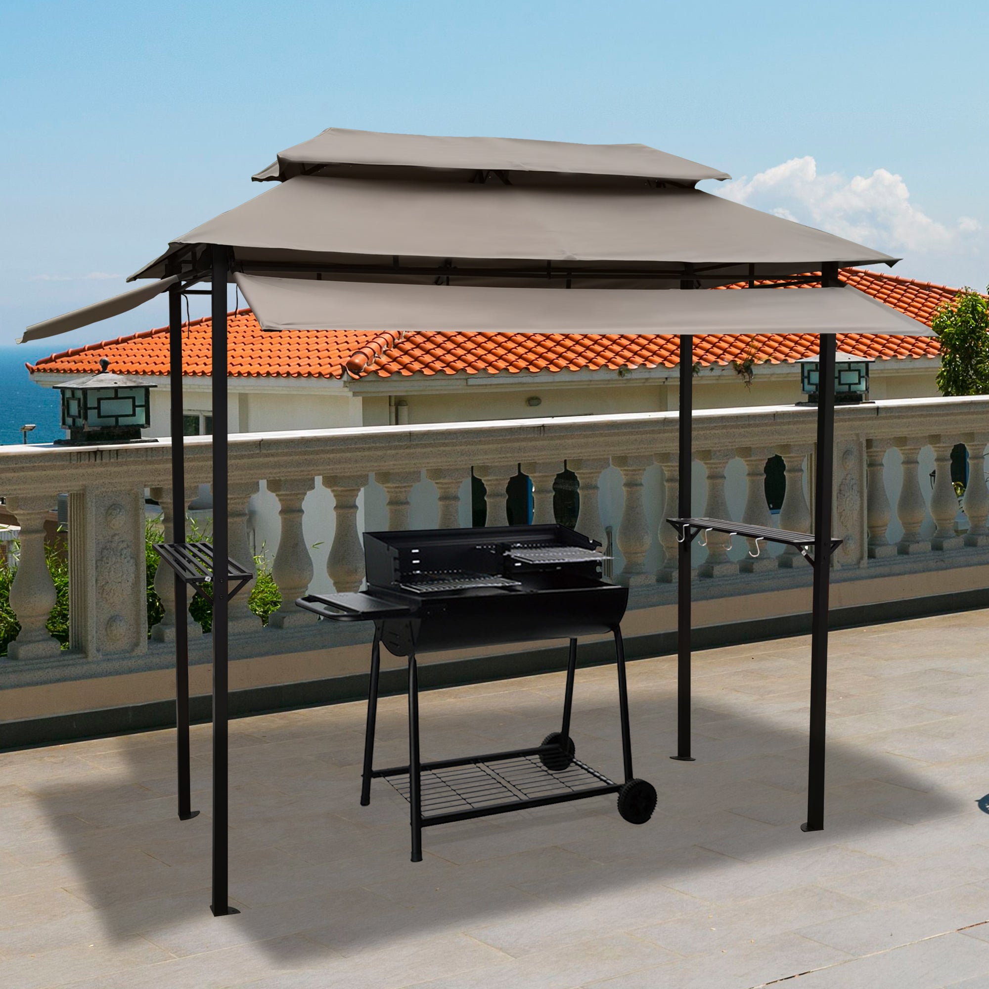 8x4ft Grill Gazebo,metal gazebo with Soft Top Canopy and Steel Frame with hook and Bar Counters,Mushroom fabric--1