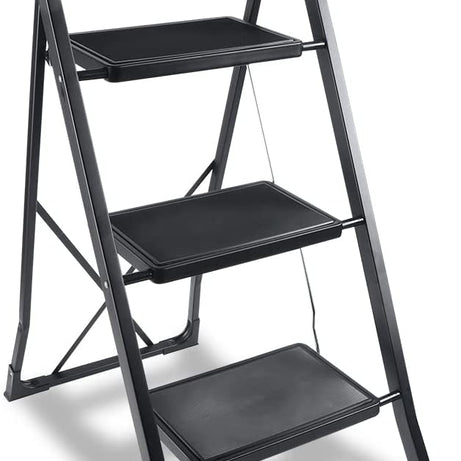 YSSOA 3 Step Ladder, Folding Step Stool with Wide Anti-Slip Pedal, 330 lbs Sturdy Steel Ladder, Convenient Handgrip, Lightweight, Portable Steel Step Stool, Black (HILADDFOLD3B)--1