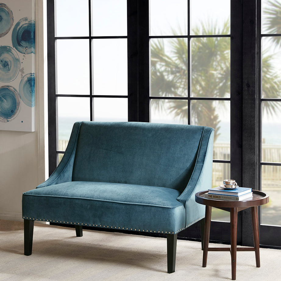 44" Settee,Polyester Fabric Rich Upholstery Modern Style For Living room,Blue--1