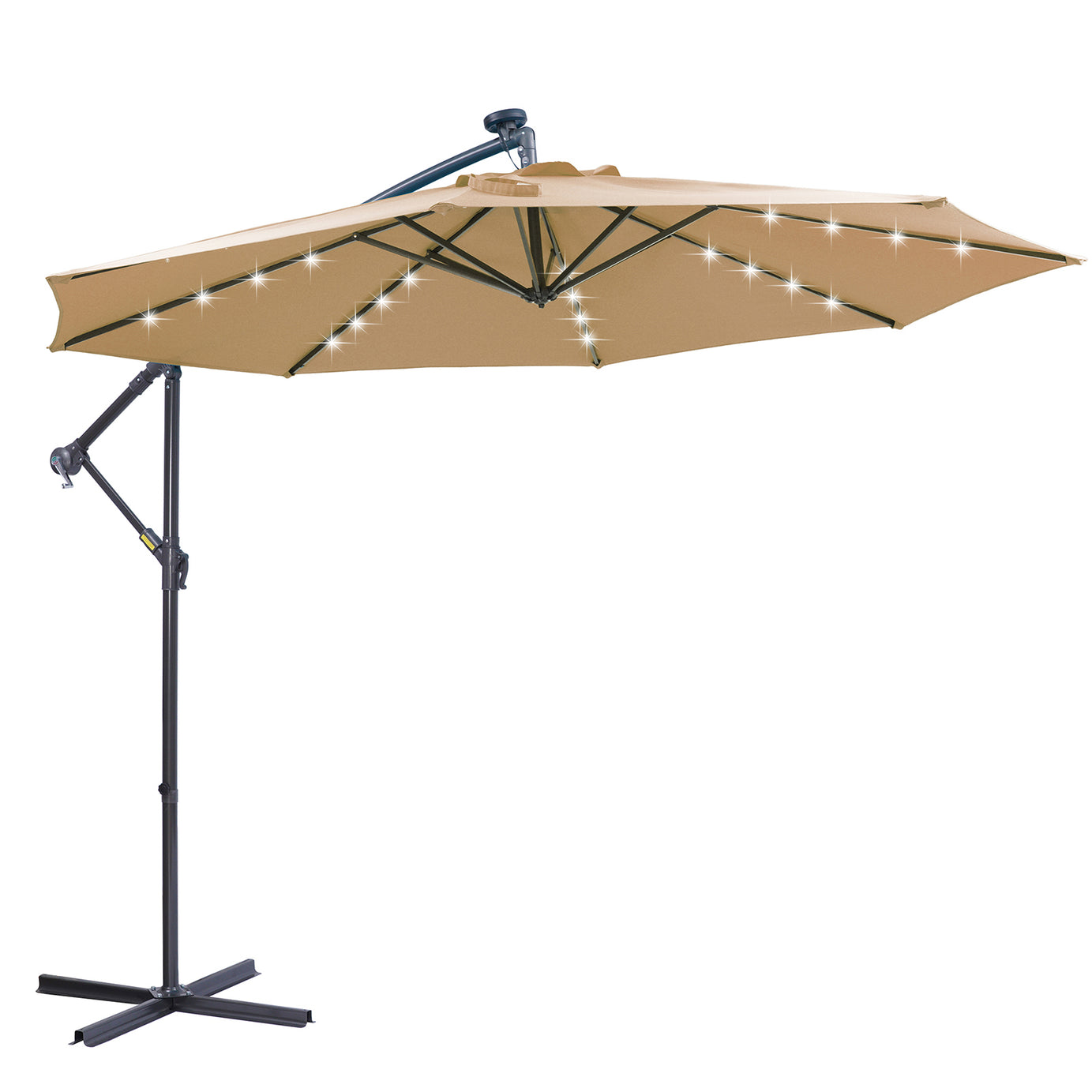 10 FT Solar LED Patio Outdoor Umbrella Hanging Cantilever Umbrella Offset Umbrella Easy Open Adustment with 32 LED Lights -taupe--1