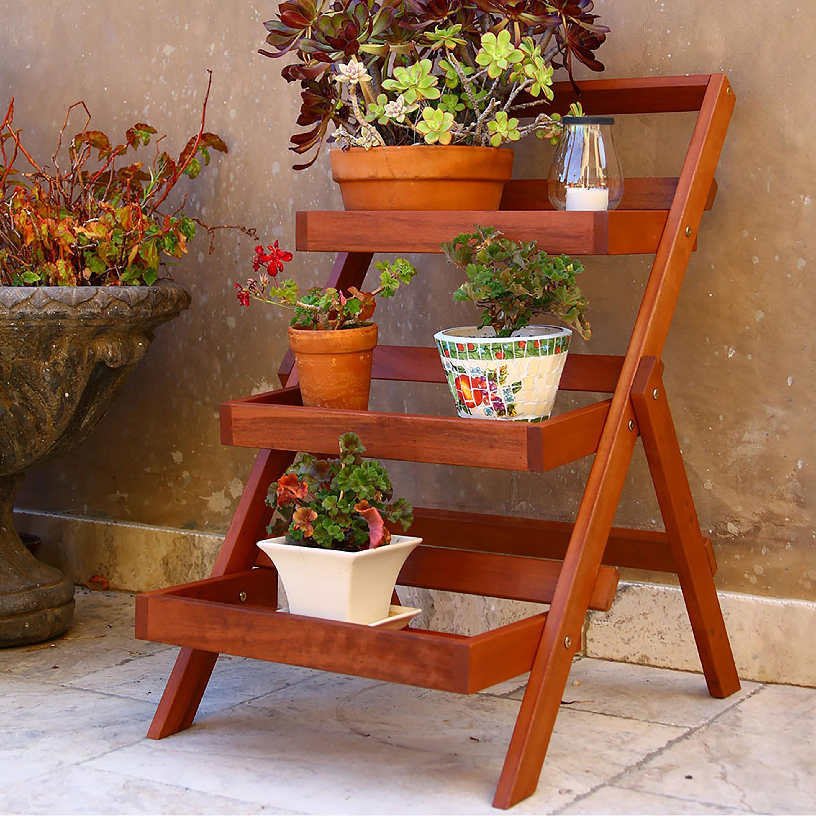 Malibu Outdoor Three-layer Wood Garden Plant Stand--1