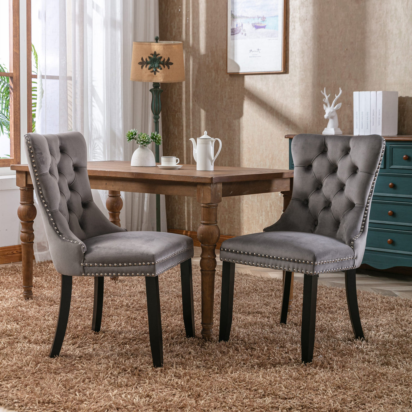 Nikki Collection Modern, High-end Tufted Solid Wood Contemporary Velvet Upholstered Dining Chair with Wood Legs Nailhead Trim 2-Pcs Set,Gray, SW2001GY--1