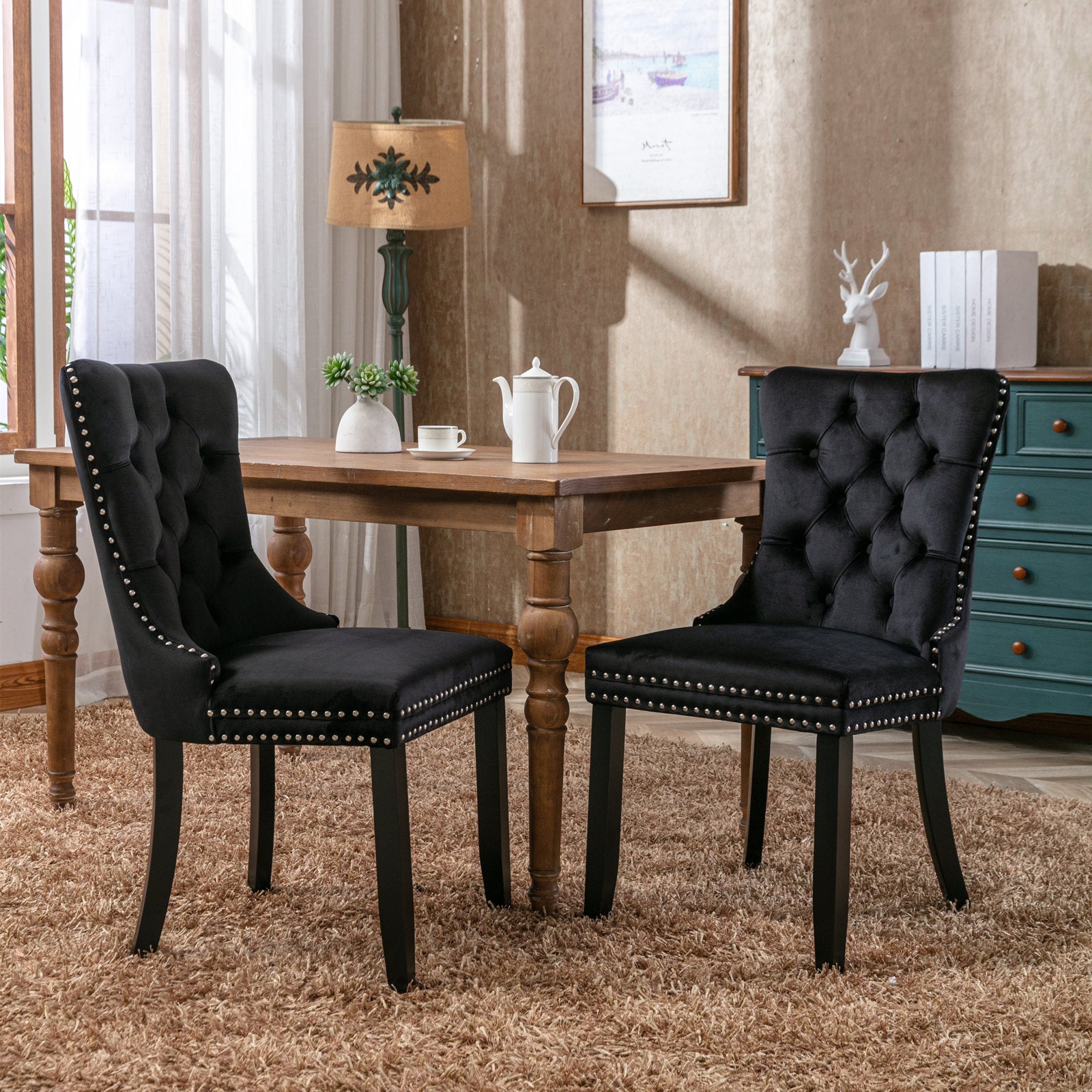 Nikki Collection Modern, High-end Tufted Solid Wood Contemporary Velvet Upholstered Dining Chair with Wood Legs Nailhead Trim 2-Pcs Set, Black, SW2001BK--1