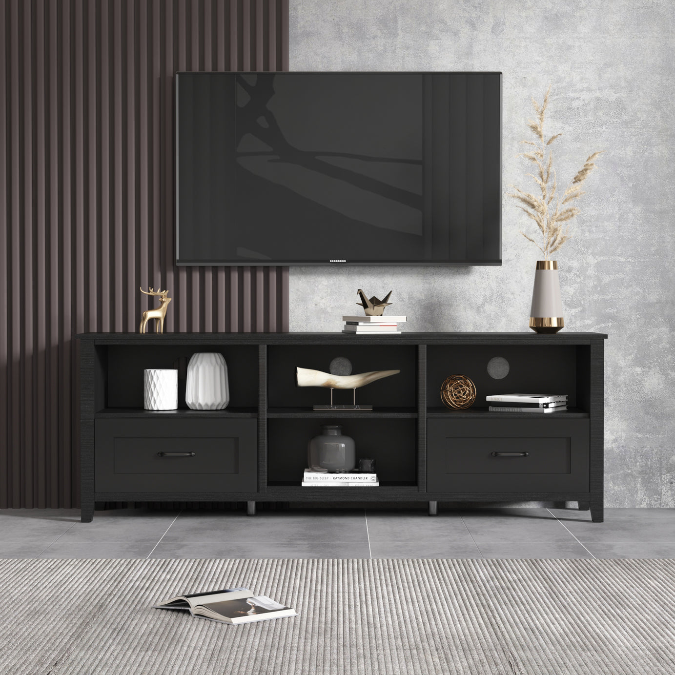 70.08 Inch Length Black TV Stand for Living Room and Bedroom, with 2 Drawers and 4 High-Capacity Storage Compartment.--1