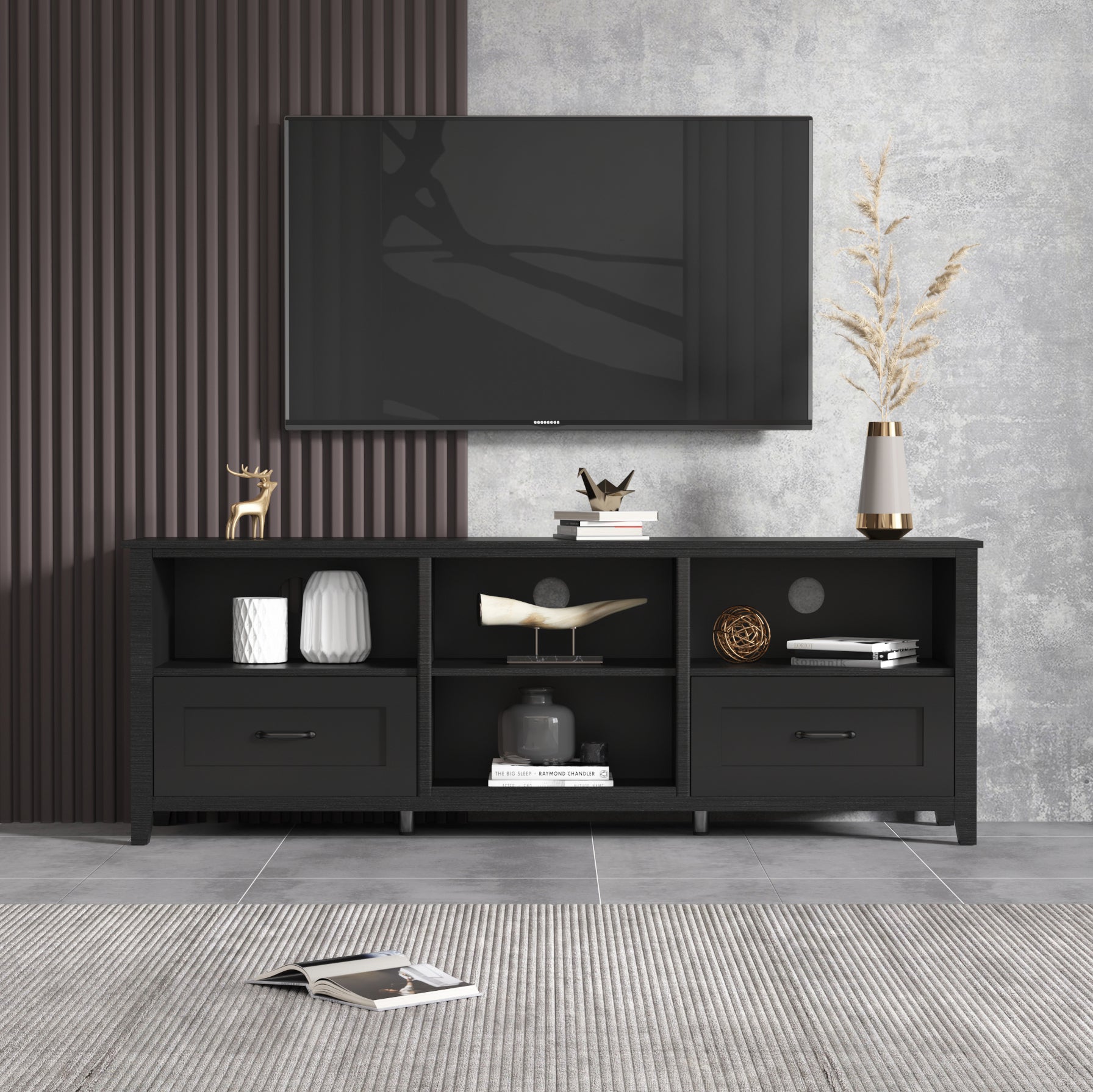 70.08 Inch Length Black TV Stand for Living Room and Bedroom, with 2 Drawers and 4 High-Capacity Storage Compartment.--1