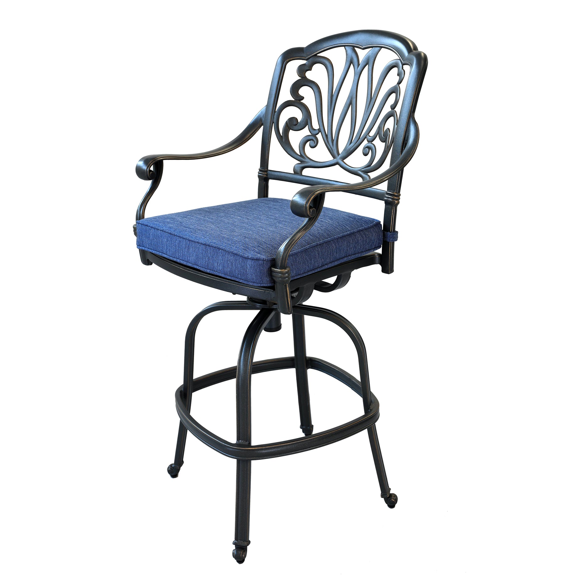 Patio Outdoor Aluminum Swivel Bar Stool with Cushion, Set of 2, Navy Blue--1