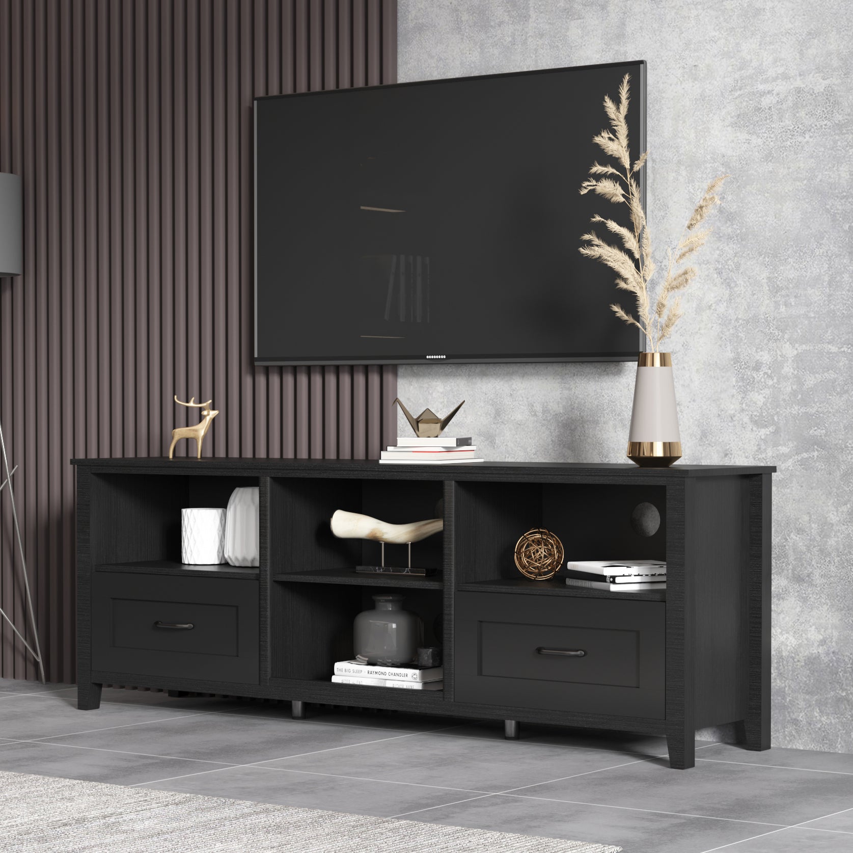 70.08 Inch Length TV Stand for Living Room and Bedroom, with 2 Drawers and 4 High-Capacity Storage Compartment,BLACK Walnut--1