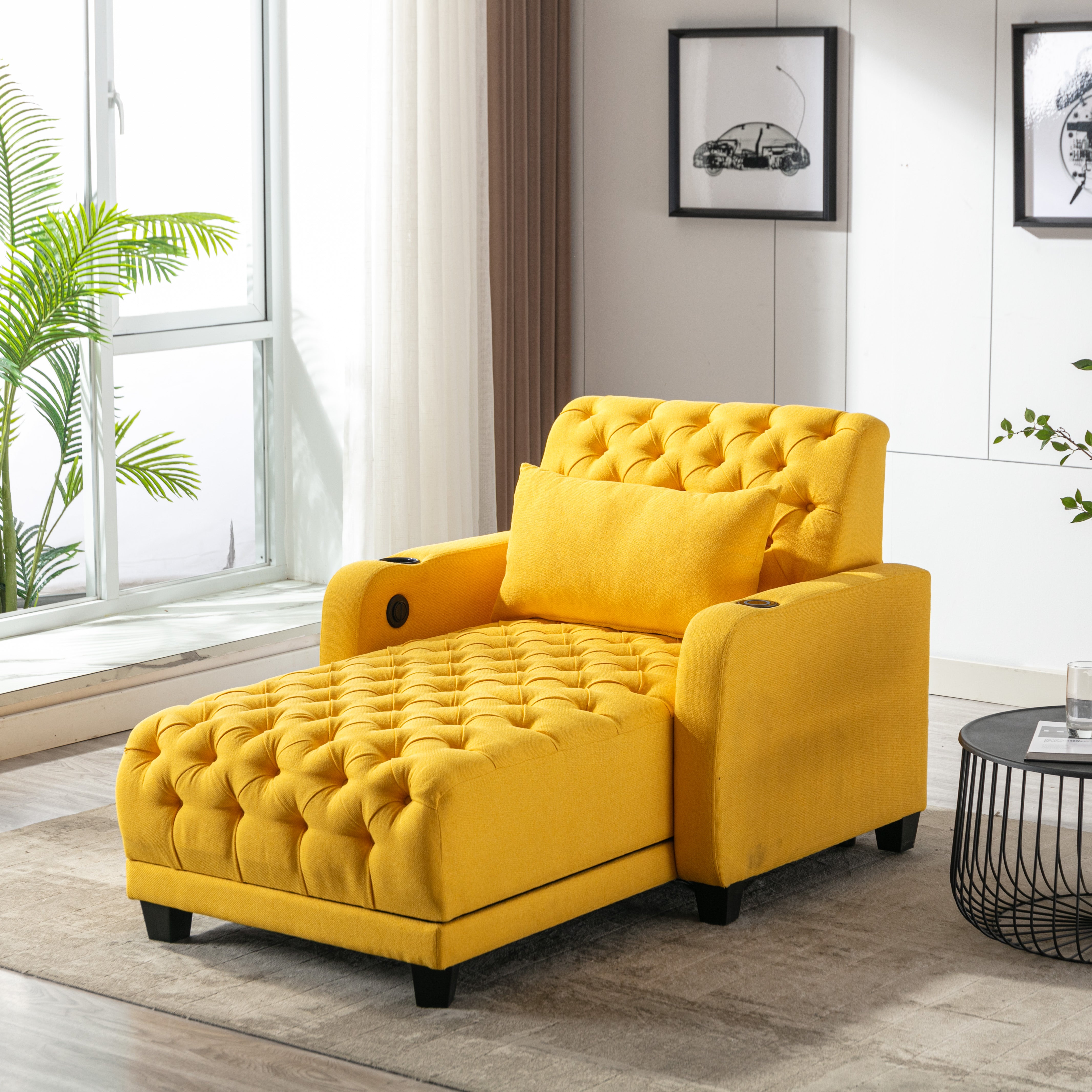 COOLMORE Multifunctional Living Room Leisure Chaise Lounge Barry Tufted Comfy Armchair Wireless Charging, Smooth Reclining Backrest & Lumbar Pillow for Home Apartment (Yellow linen)--1