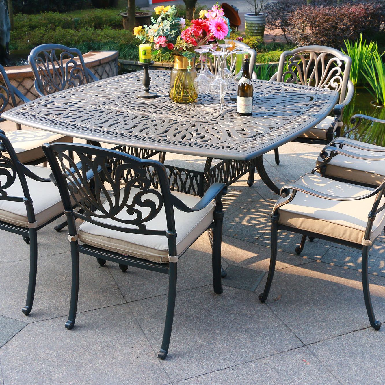 Square 8 - Person 64" Long Aluminum Dining Set with Sunbrella Cushions--1