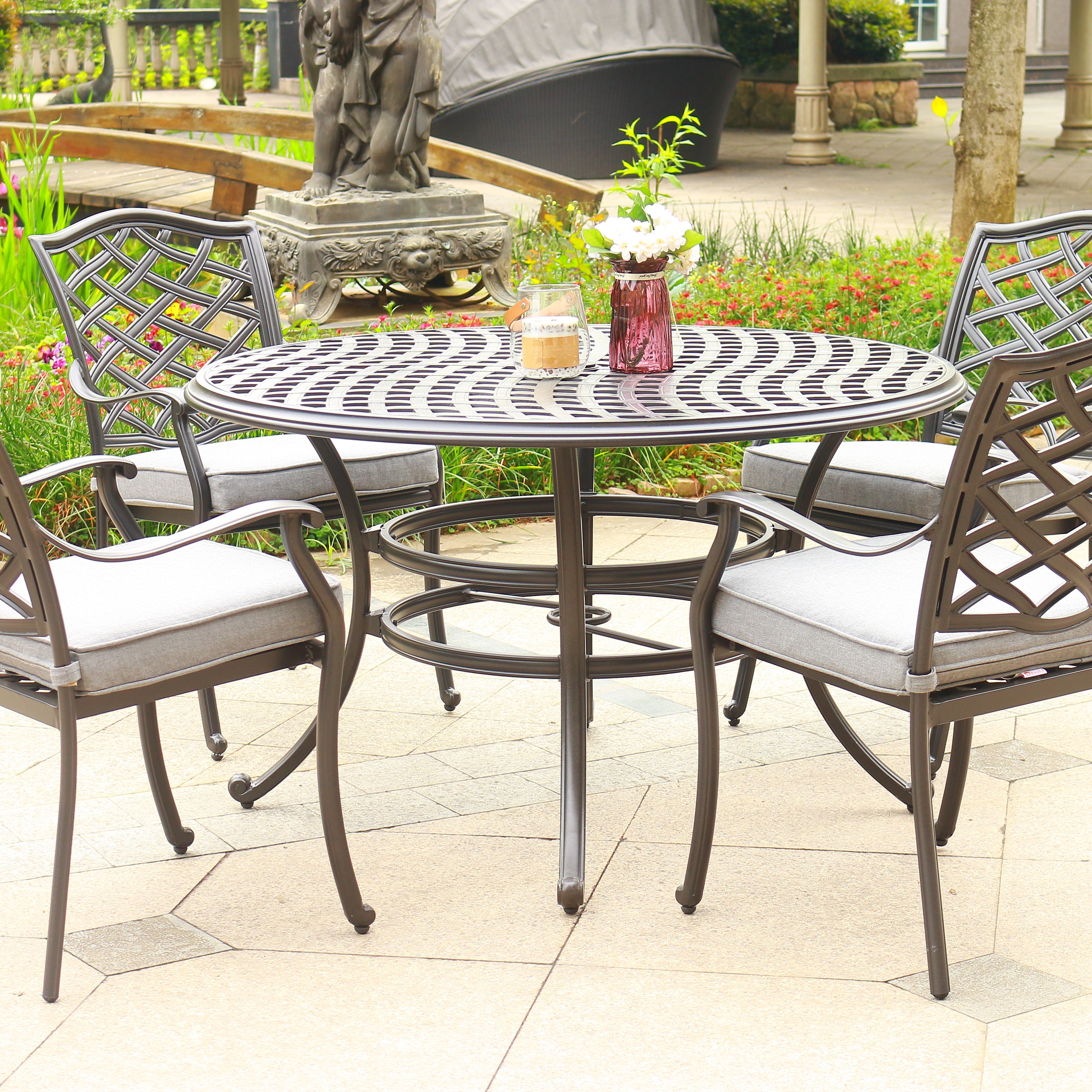 Round 4 - Person 49" Long Aluminum Dining Set with Sunbrella Cushions--1