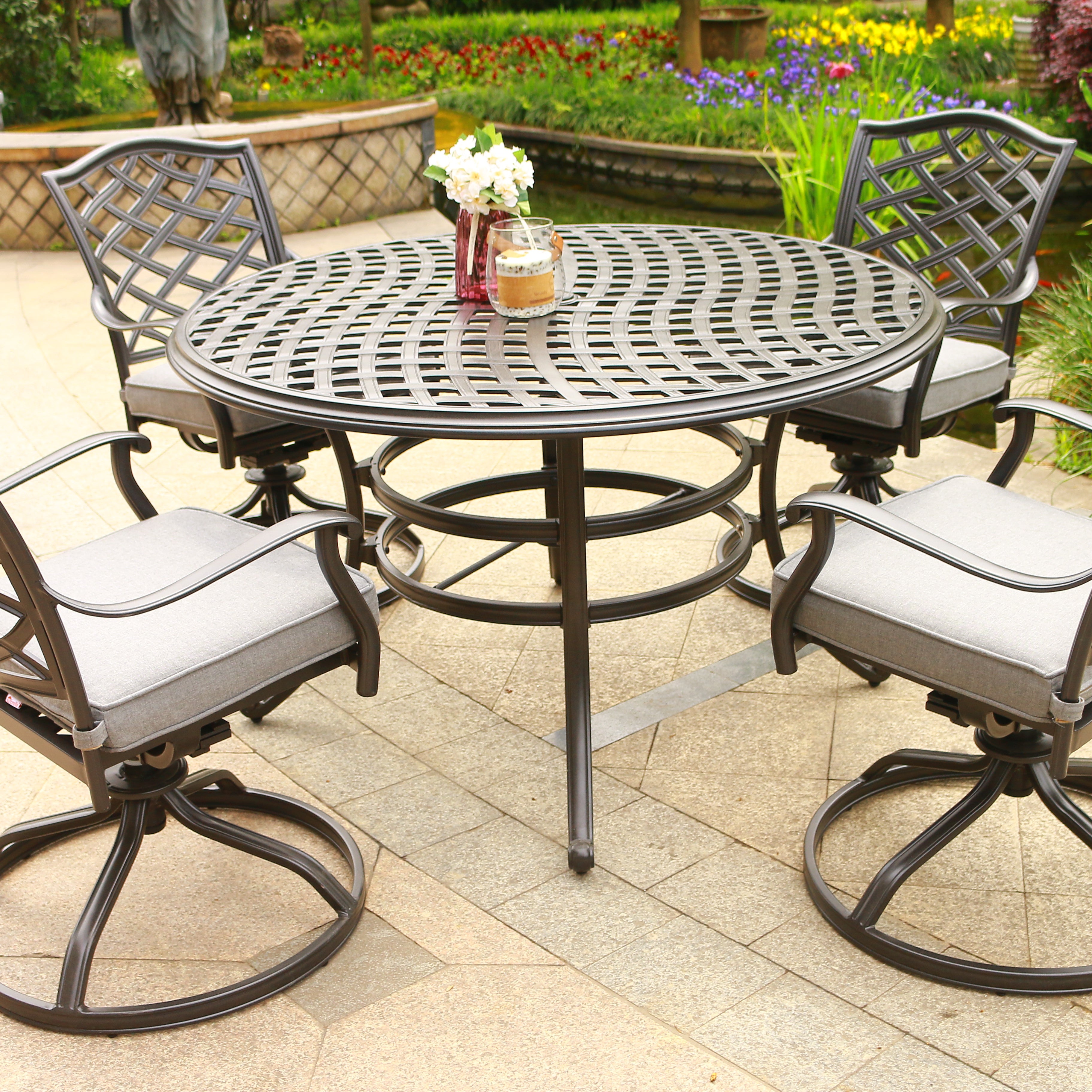 Round 4 - Person 49" Long Aluminum Dining Set with Sunbrella Cushions--1