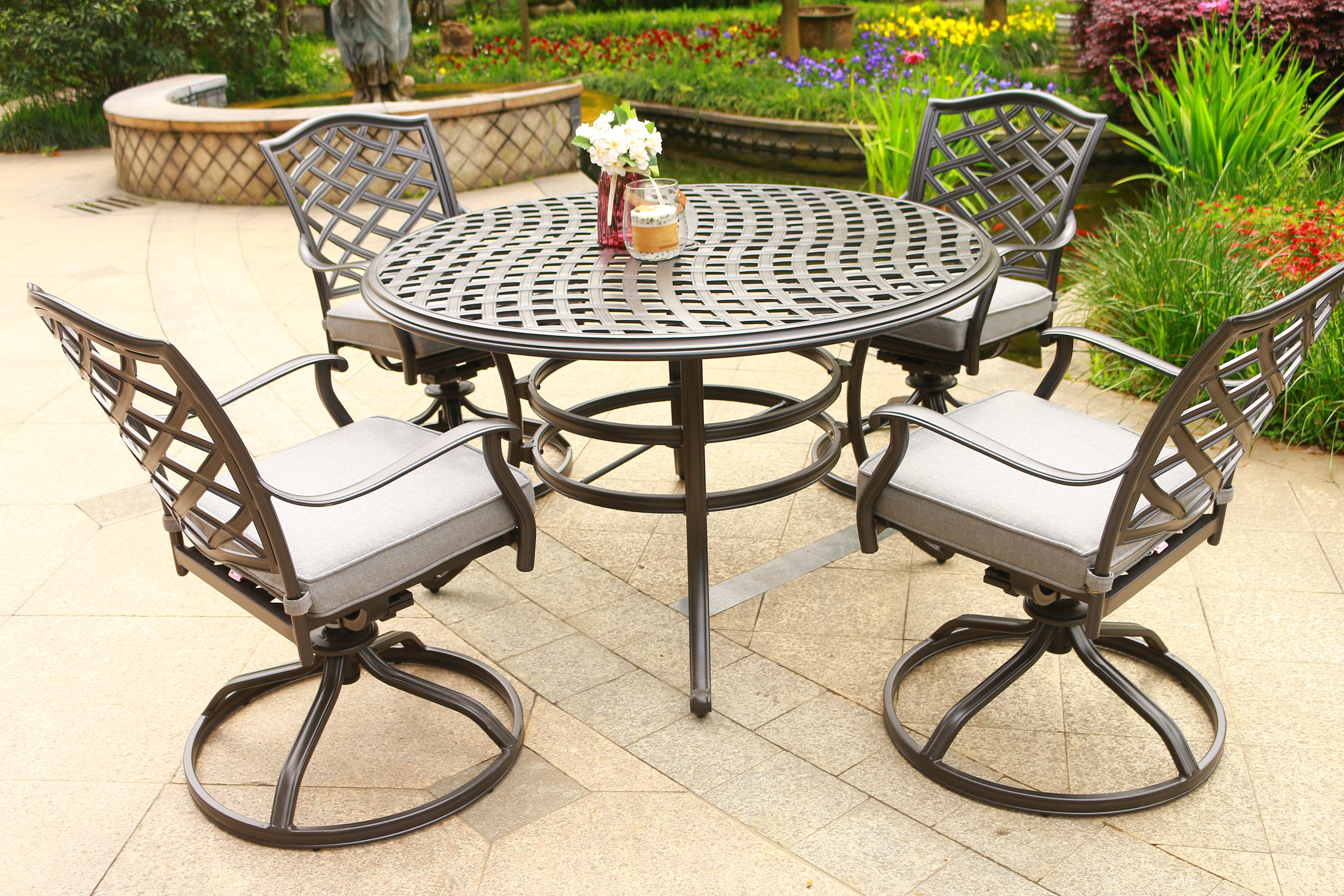 Round 4 - Person 49" Long Aluminum Dining Set with Sunbrella Cushions--1