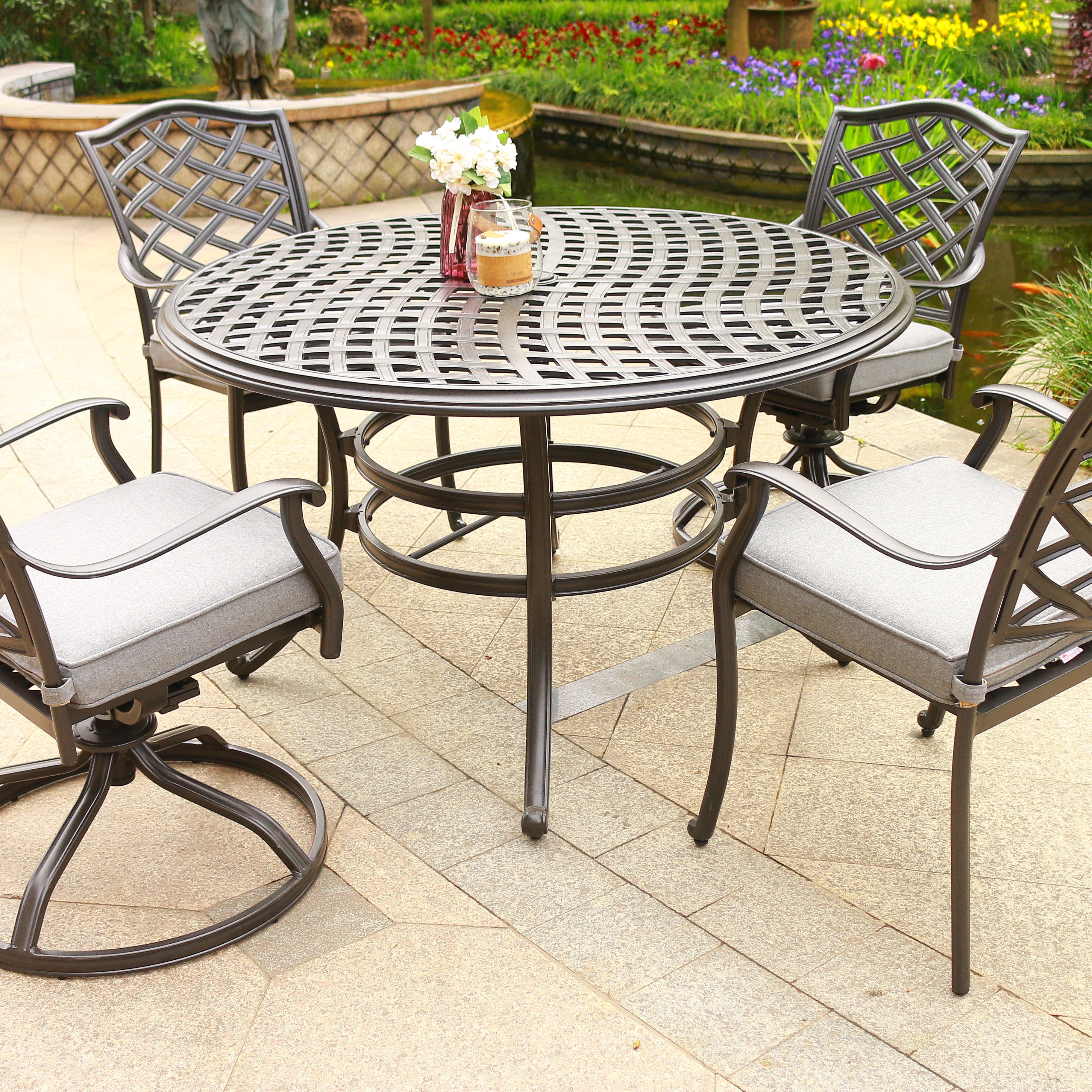 Round 4 - Person 49" Long Aluminum Dining Set with Sunbrella Cushions--1