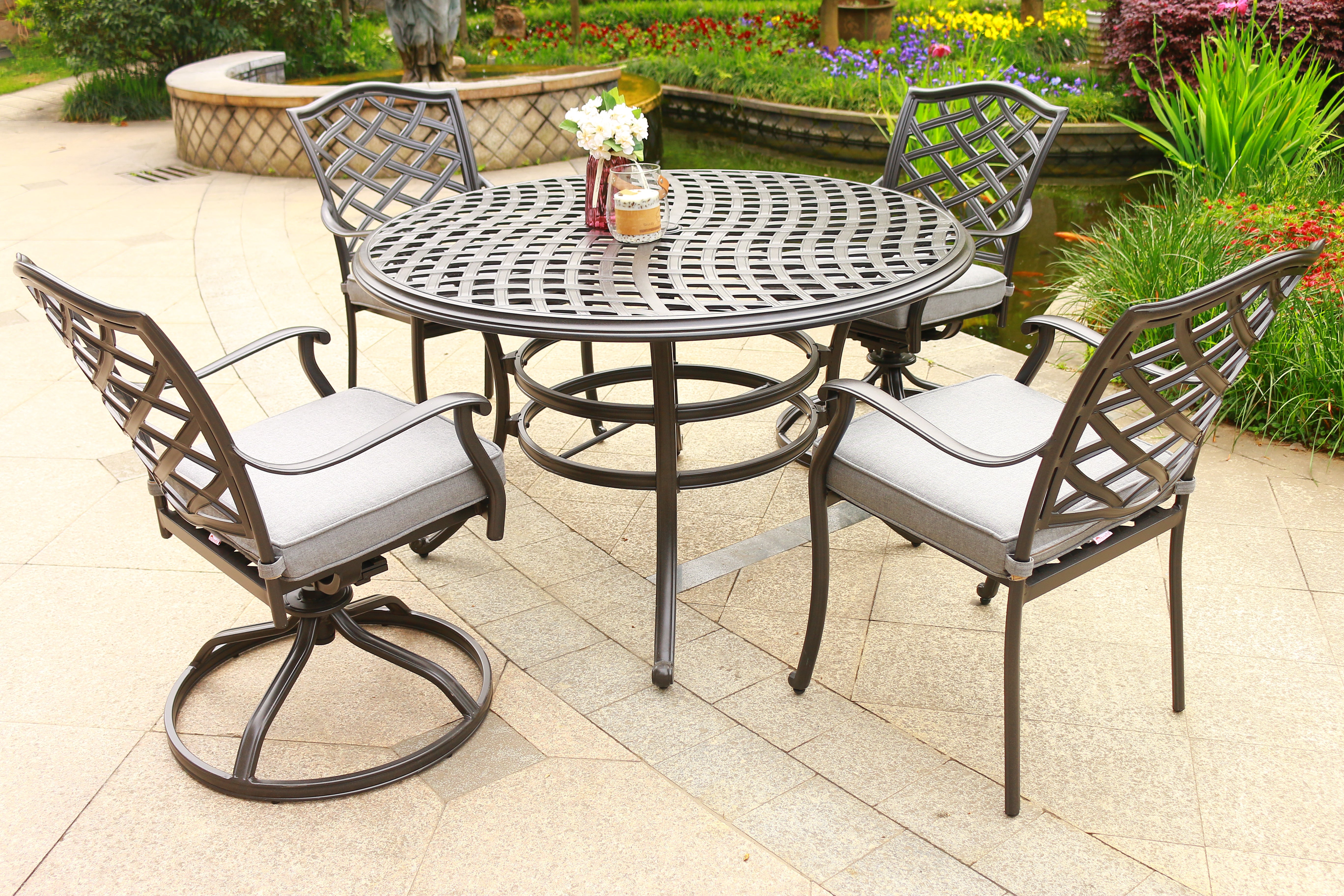 Round 4 - Person 49" Long Aluminum Dining Set with Sunbrella Cushions--1