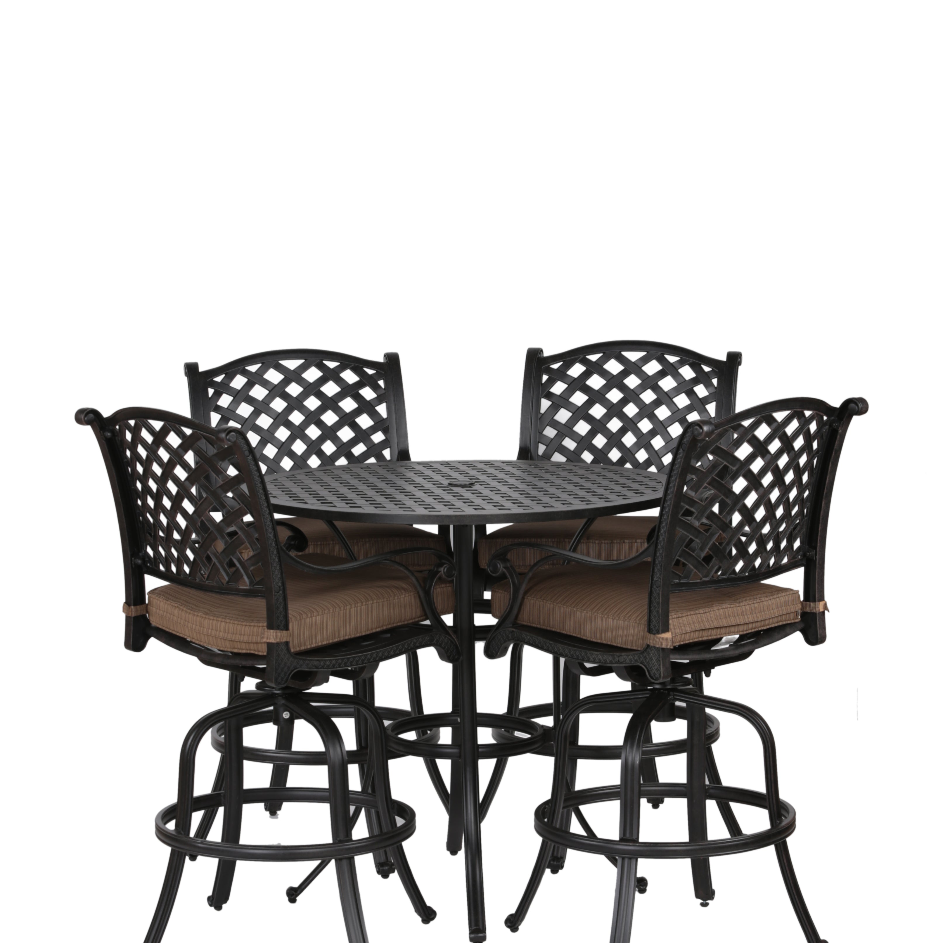 Round 4 - Person 42" Long Aluminum Bar Height Dining Set with Cushions, Dupione Brown--1