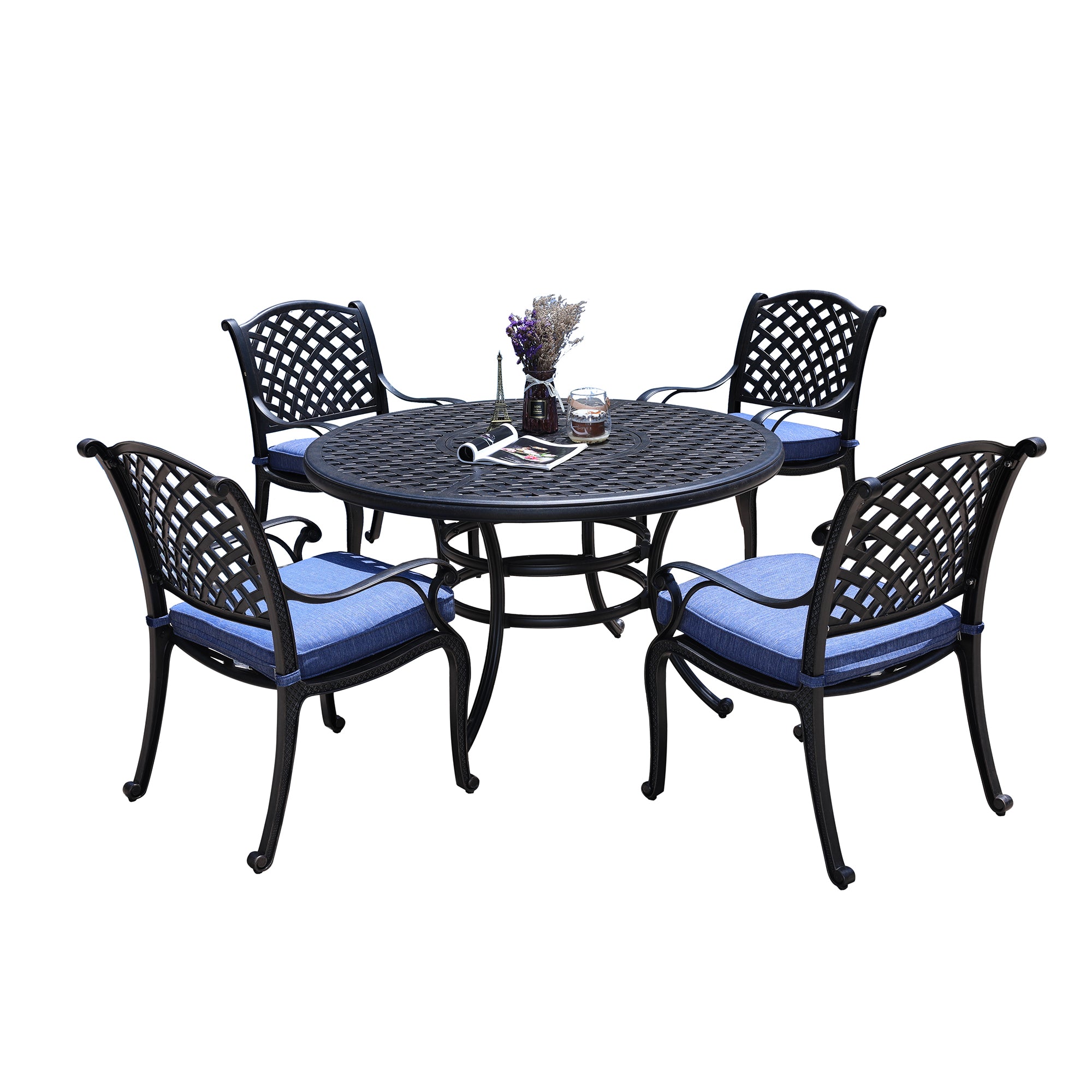 Round 4 - Person 51.97" Long Dining Set with Cushions, Navy Blue--2