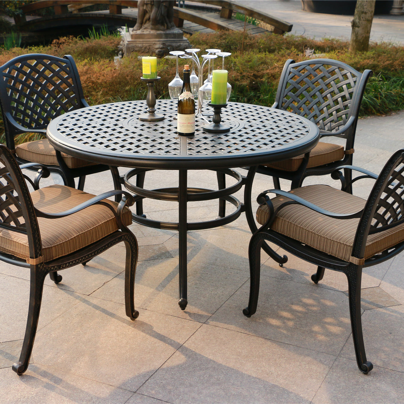 Round 4 - Person 51.97" Long Dining Set with Cushions, Dupione Brown--1