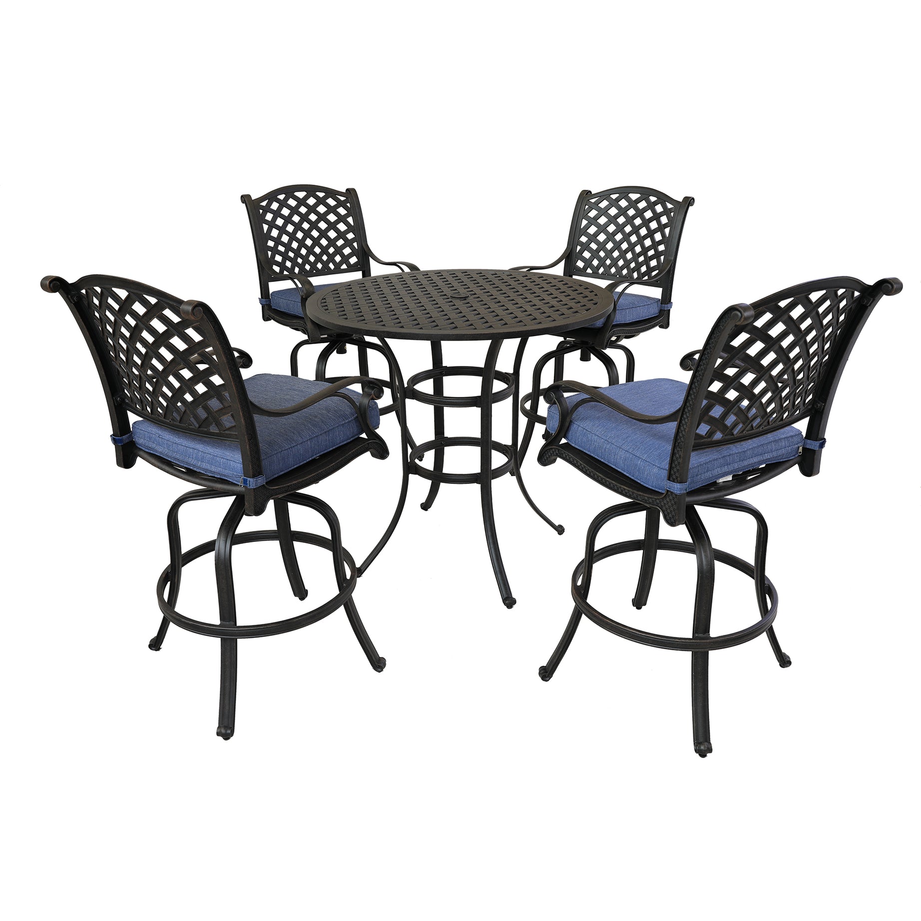 Round 4 - Person 42" Long Aluminum Bar Height Dining Set with Cushions, Navy Blue--2