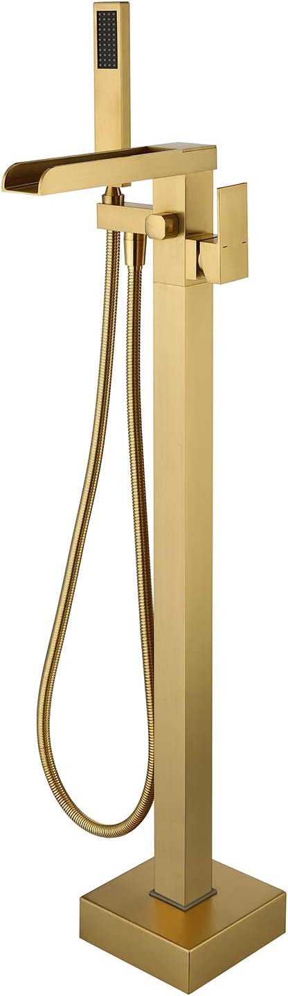 Bathroom Freestanding Waterfall Tub filler Brushed Gold Floor Mount Faucet with Hand Shower--1