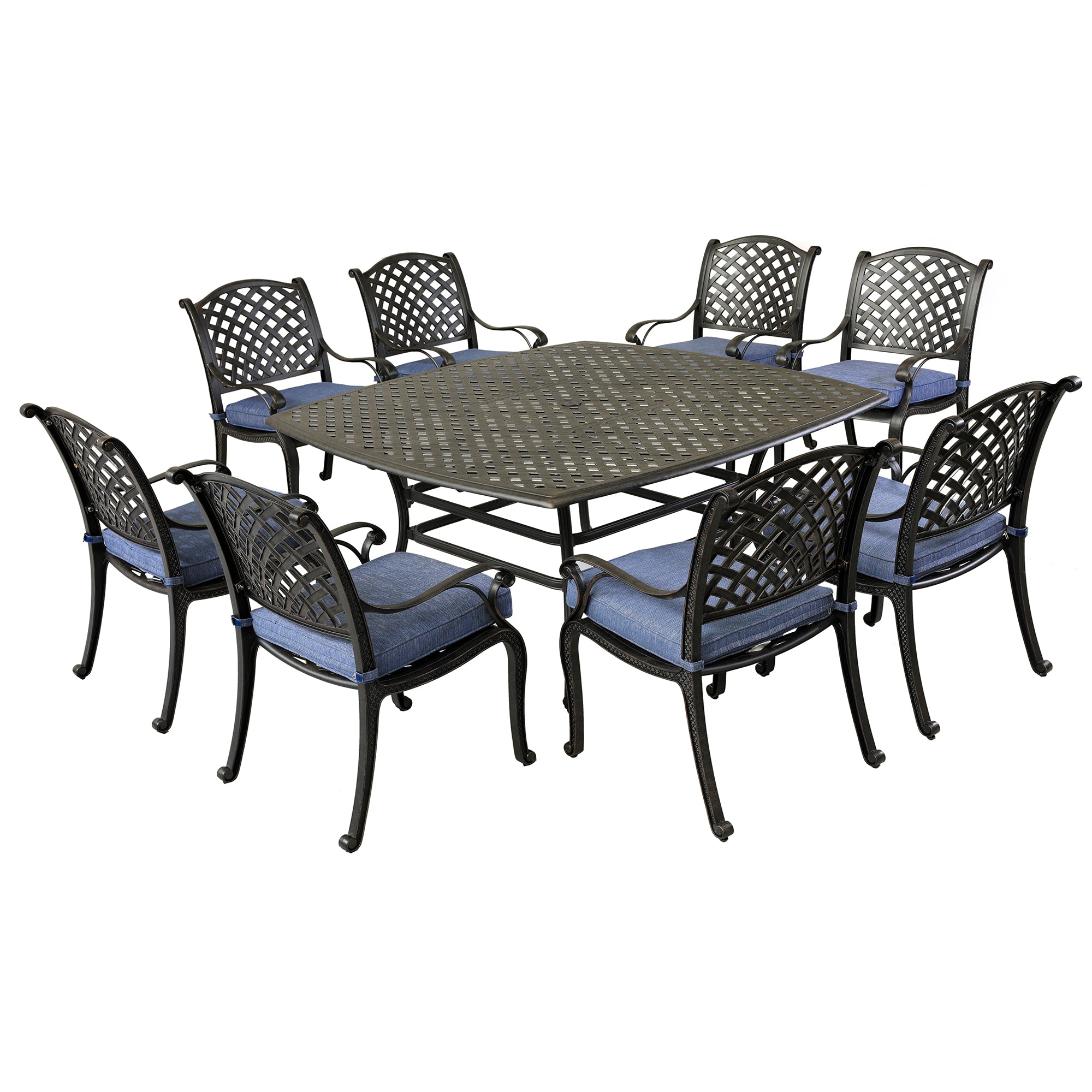 Square 8 - Person 63.98" Long Dining Set with Navy Blue Cushions--2