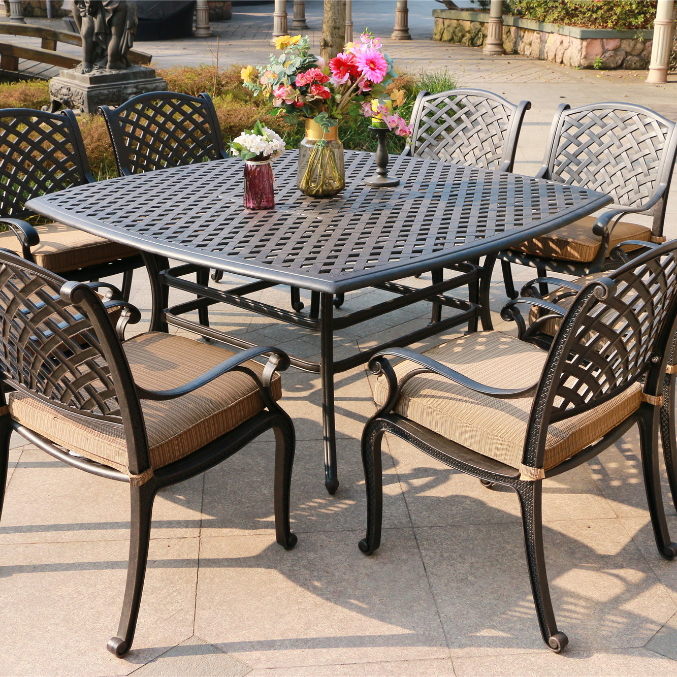 Square 8 - Person 63.98" Long Dining Set with Dupione Brown Cushions--1