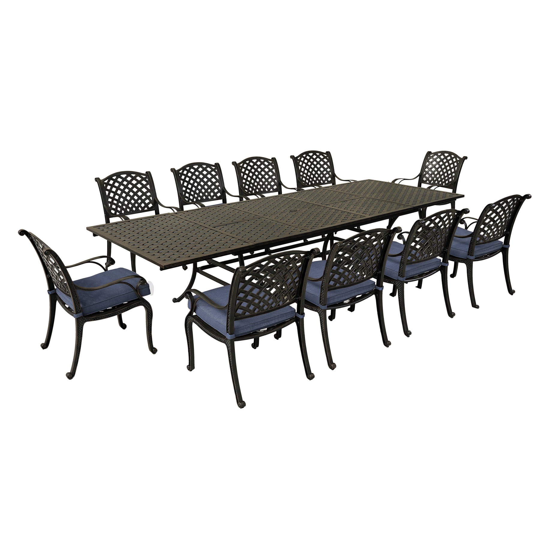 Rectangular 10 - Person 126.38" Long Dining Set with Navy Blue Cushions--1