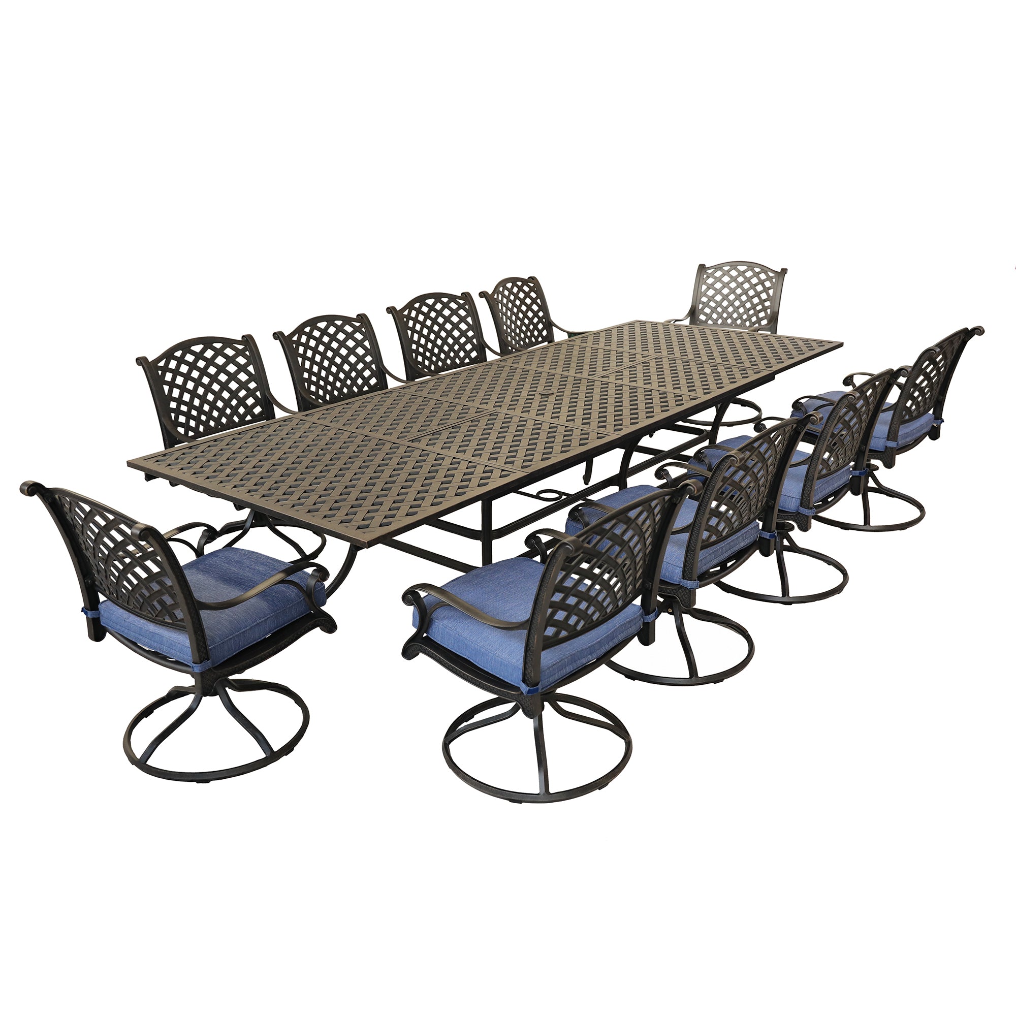 Rectangular 10 - Person 126.38" Long Dining Set with Navy Blue Cushions--2