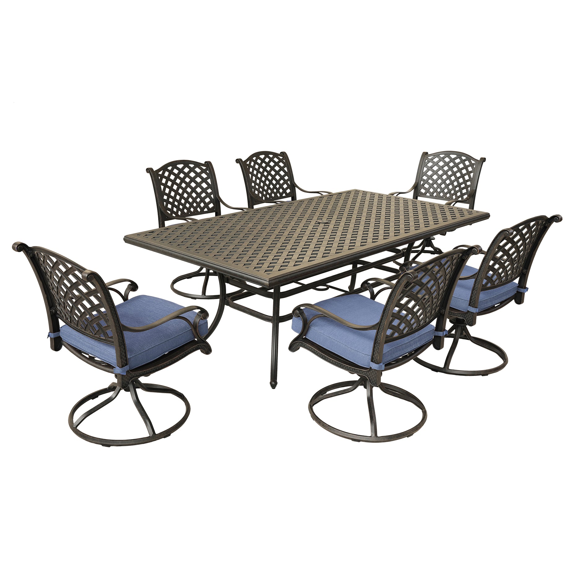 Rectangular 6 - Person 85.83" Long Aluminum Dining Set with Navy Blue Cushions--2