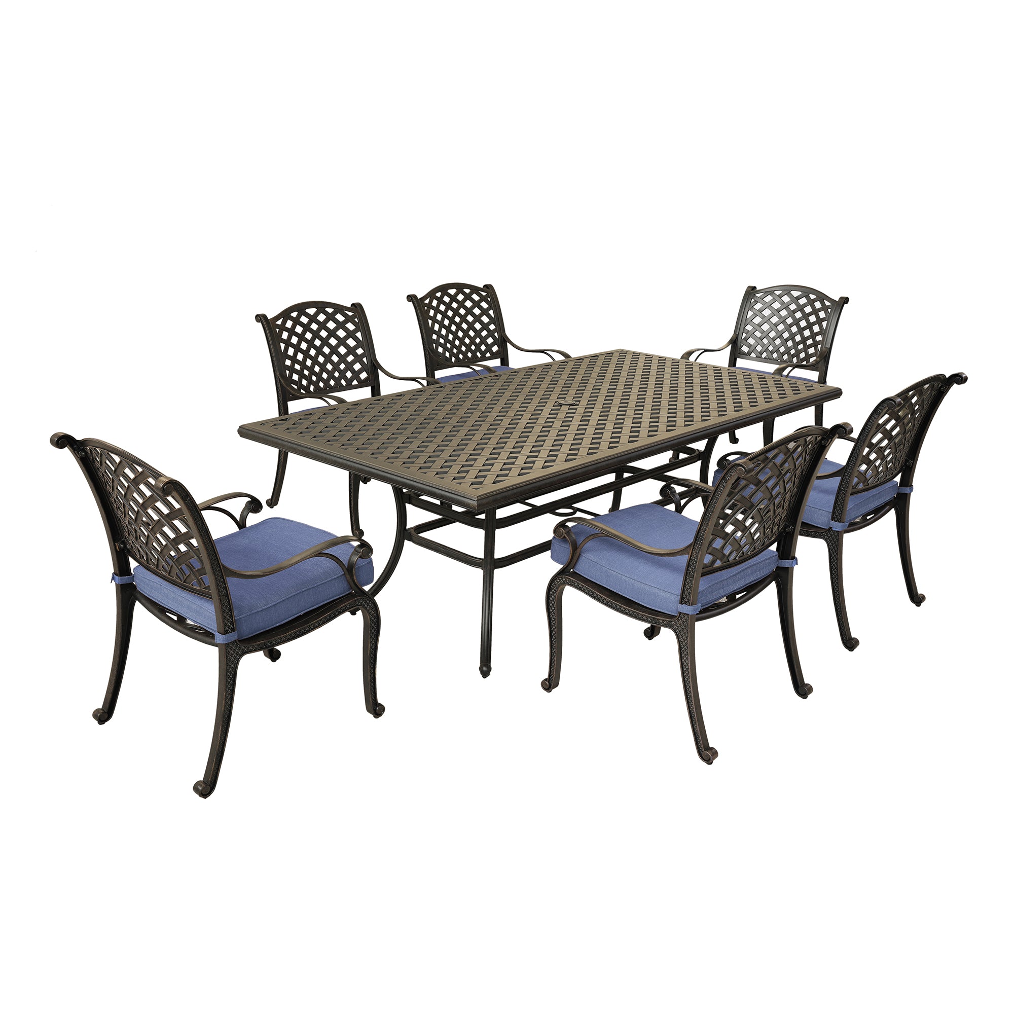 Rectangular 6 - Person 86" Long Aluminum Dining Set with Navy Blue Cushions--2