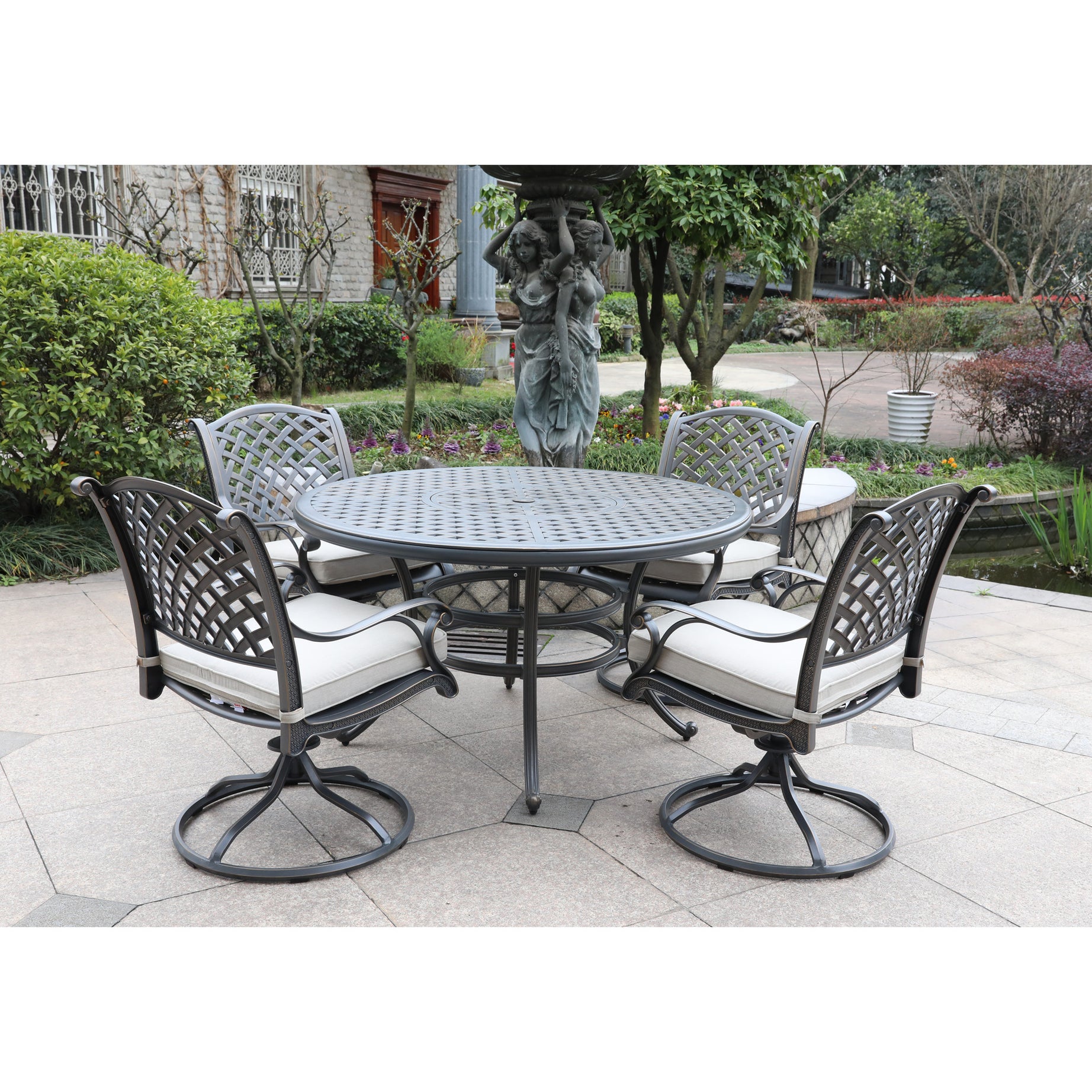 Cast Dessert Night Aluminum 5-Piece Round Dining Set With 4 Swivel Rockers, Sand dollar Cushions--1