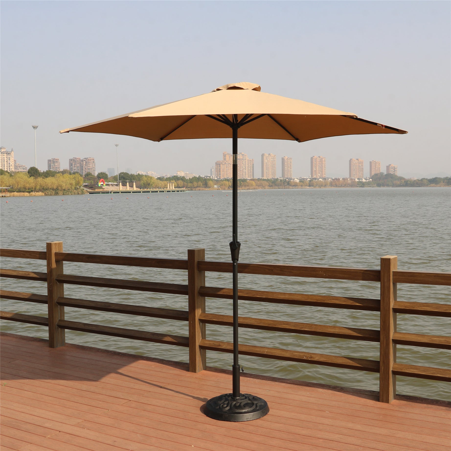 8.8 feet Outdoor Aluminum Patio Umbrella, Patio Umbrella, Market Umbrella with 33 pounds Round Resin Umbrella Base, Push Button Tilt and Crank lift, Taupe--1