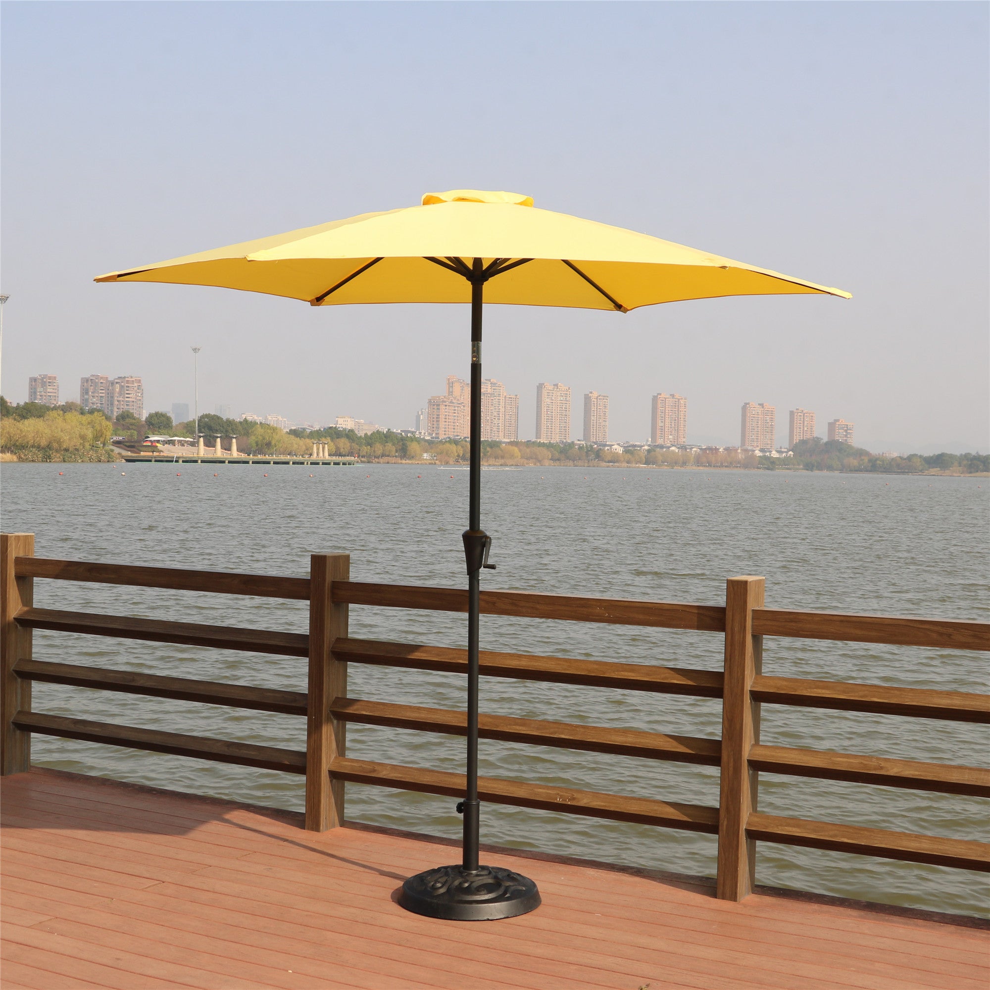 8.8 feet Outdoor Aluminum Patio Umbrella, Patio Umbrella, Market Umbrella with 33 pounds Round Resin Umbrella Base, Push Button Tilt and Crank lift, Yellow--1