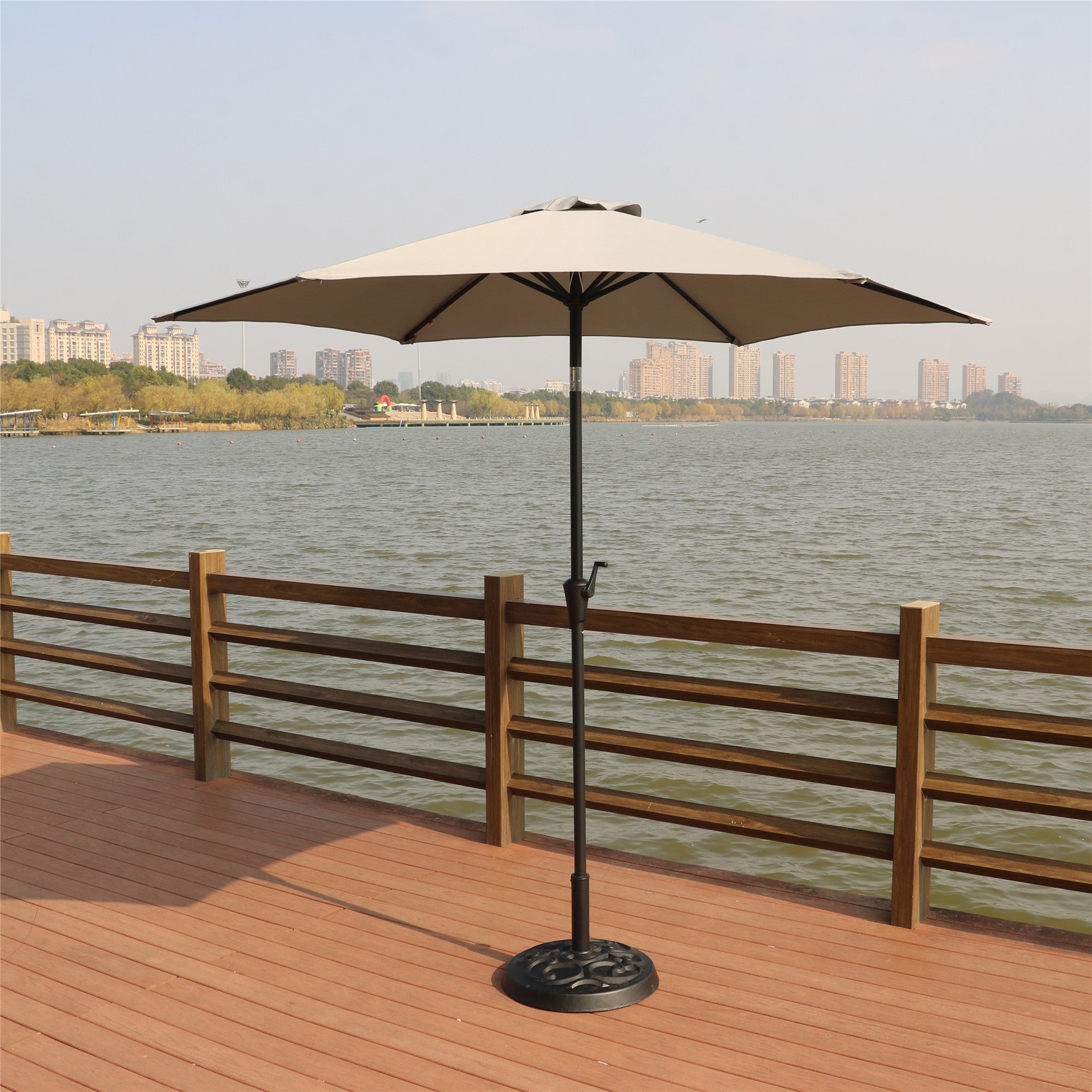 8.8 feet Outdoor Aluminum Patio Umbrella, Patio Umbrella, Market Umbrella with 33 pounds Round Resin Umbrella Base, Push Button Tilt and Crank lift, Gray--1