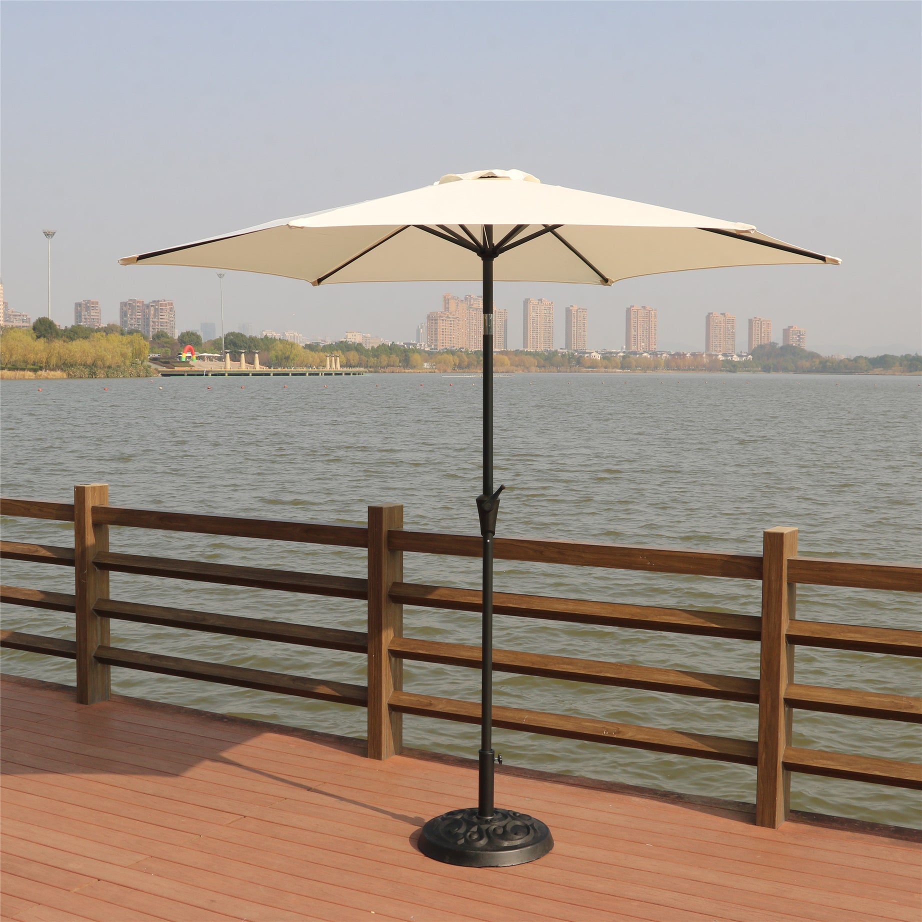 8.8 feet Outdoor Aluminum Patio Umbrella, Patio Umbrella, Market Umbrella with 33 pounds Round Resin Umbrella Base, Push Button Tilt and Crank lift, Creme--1