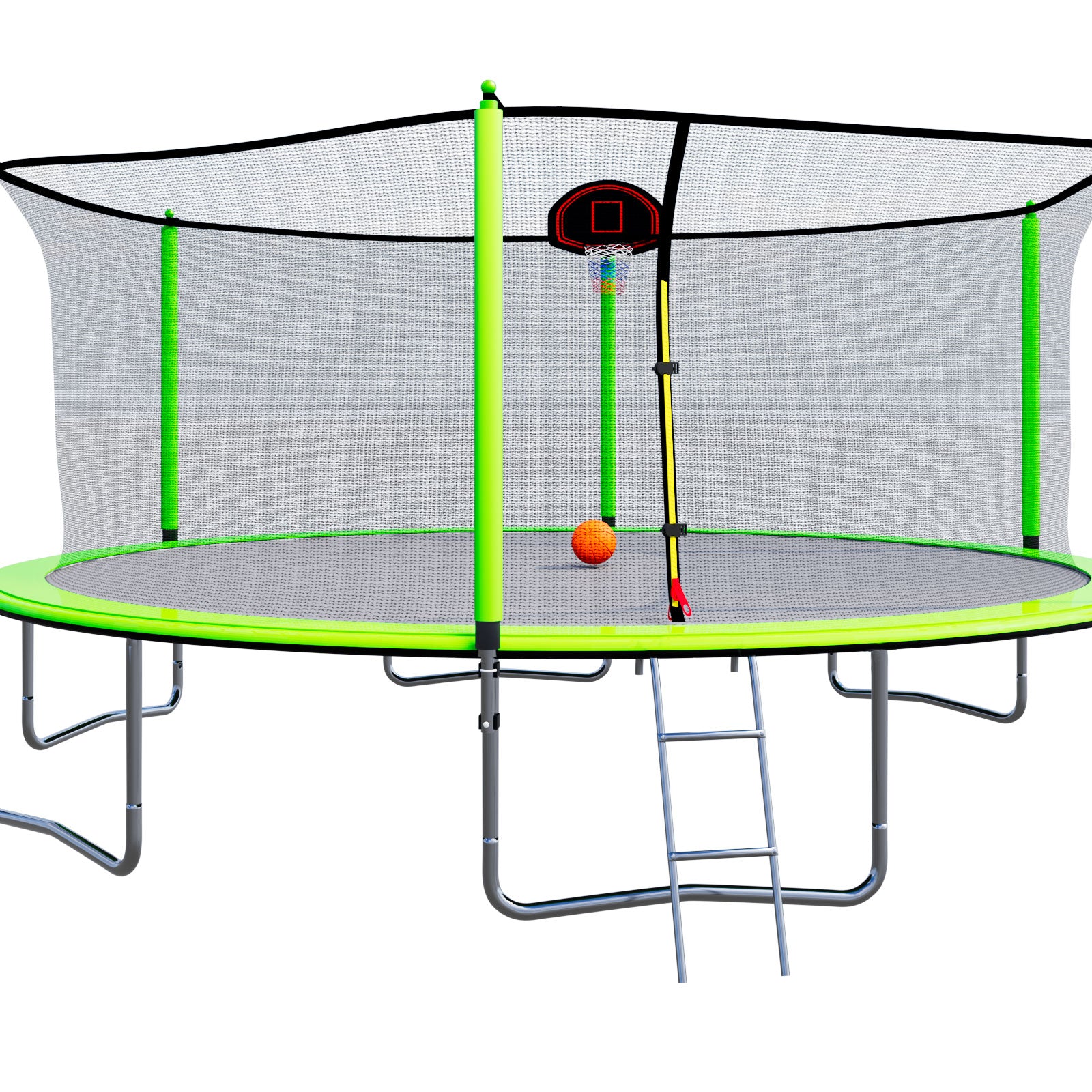 15FT Trampoline with Basketball Hoop Inflator and Ladder(Inner Safety Enclosure) Green--1