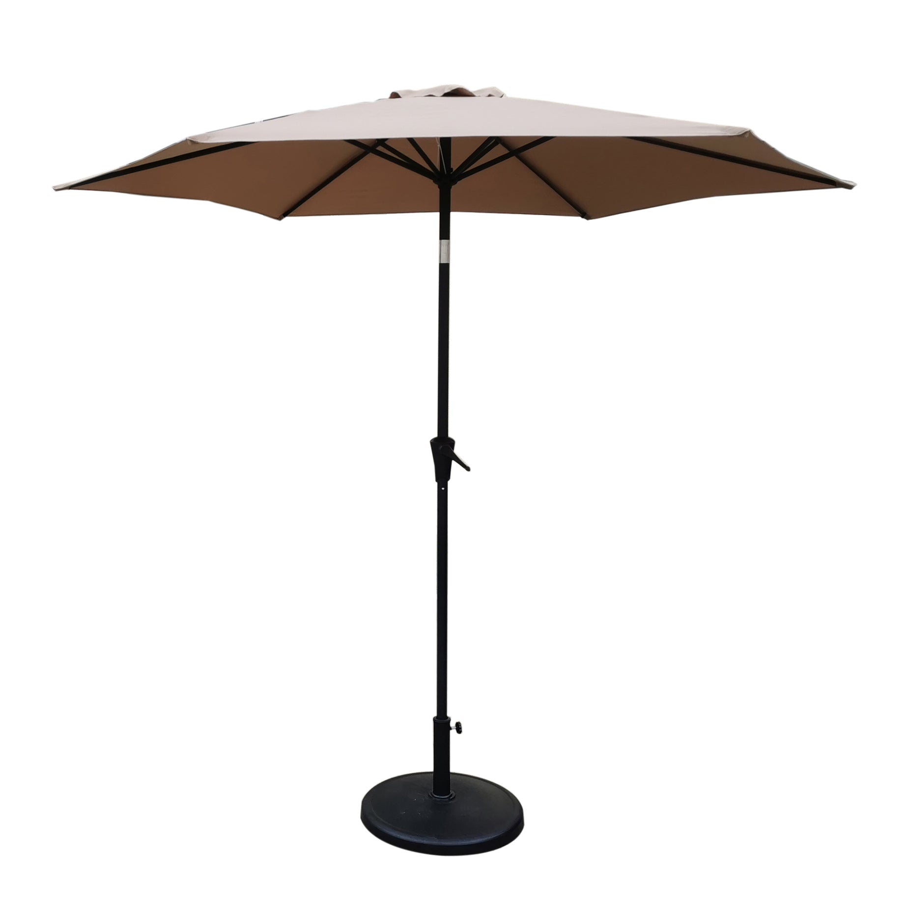 8.8 feet Outdoor Aluminum Patio Umbrella, Patio Umbrella, Market Umbrella with 42 pounds Round Resin Umbrella Base, Push Button Tilt and Crank lift, Taupe--1